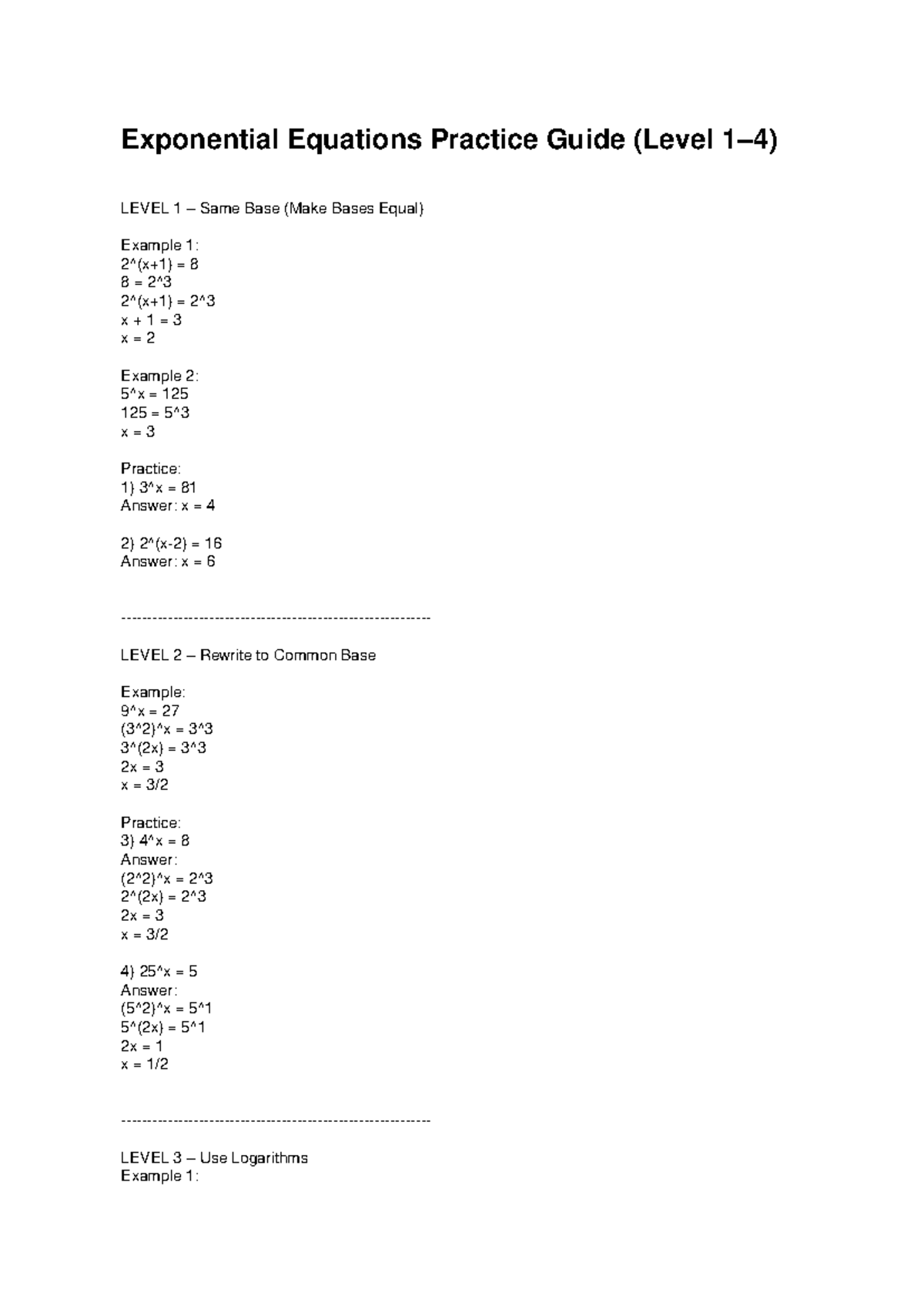 Exponential Equations Practice Guide (Level 1-4) - Studocu