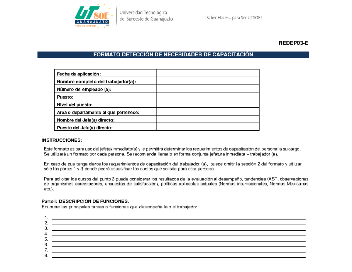 REDEP 03-E Formato para Detección de Necesidades de Capacitación - Studocu