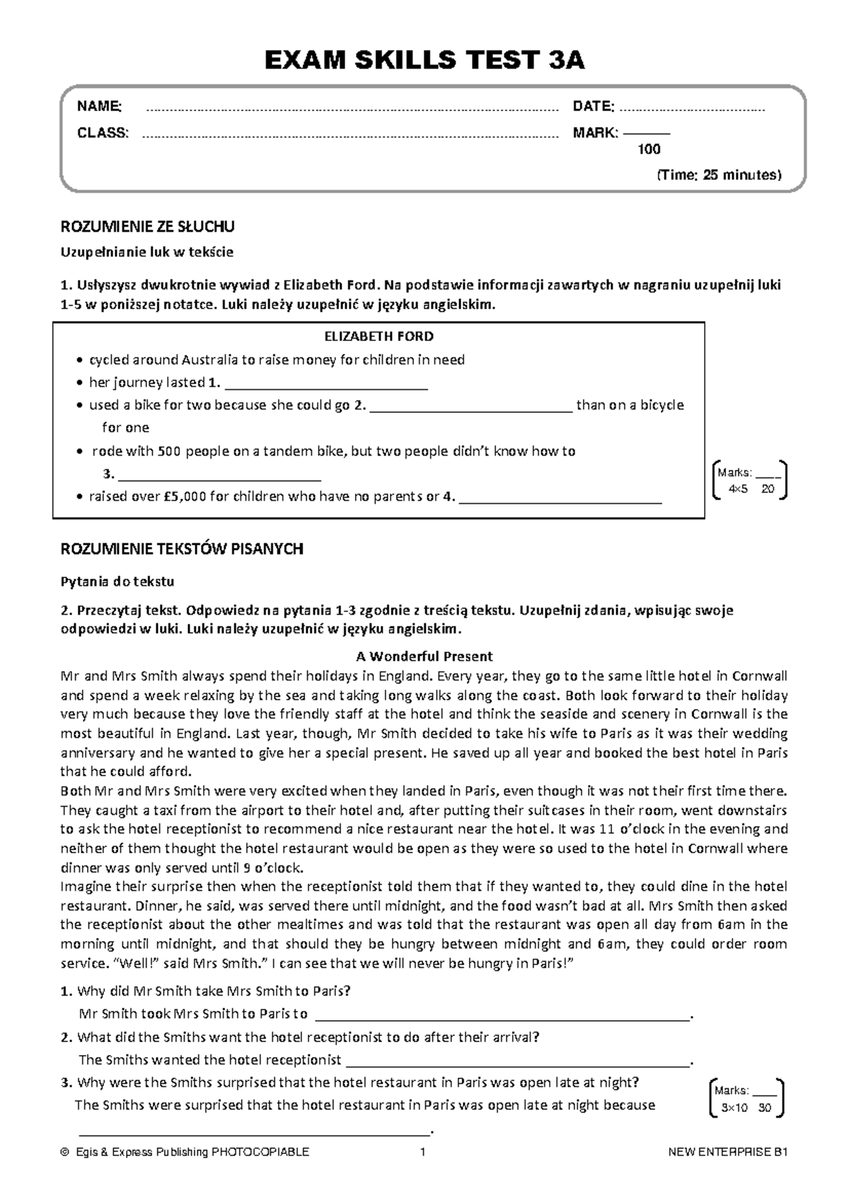 New Enterprise B1 Exam Skills Test 3A: Listening & Reading ...