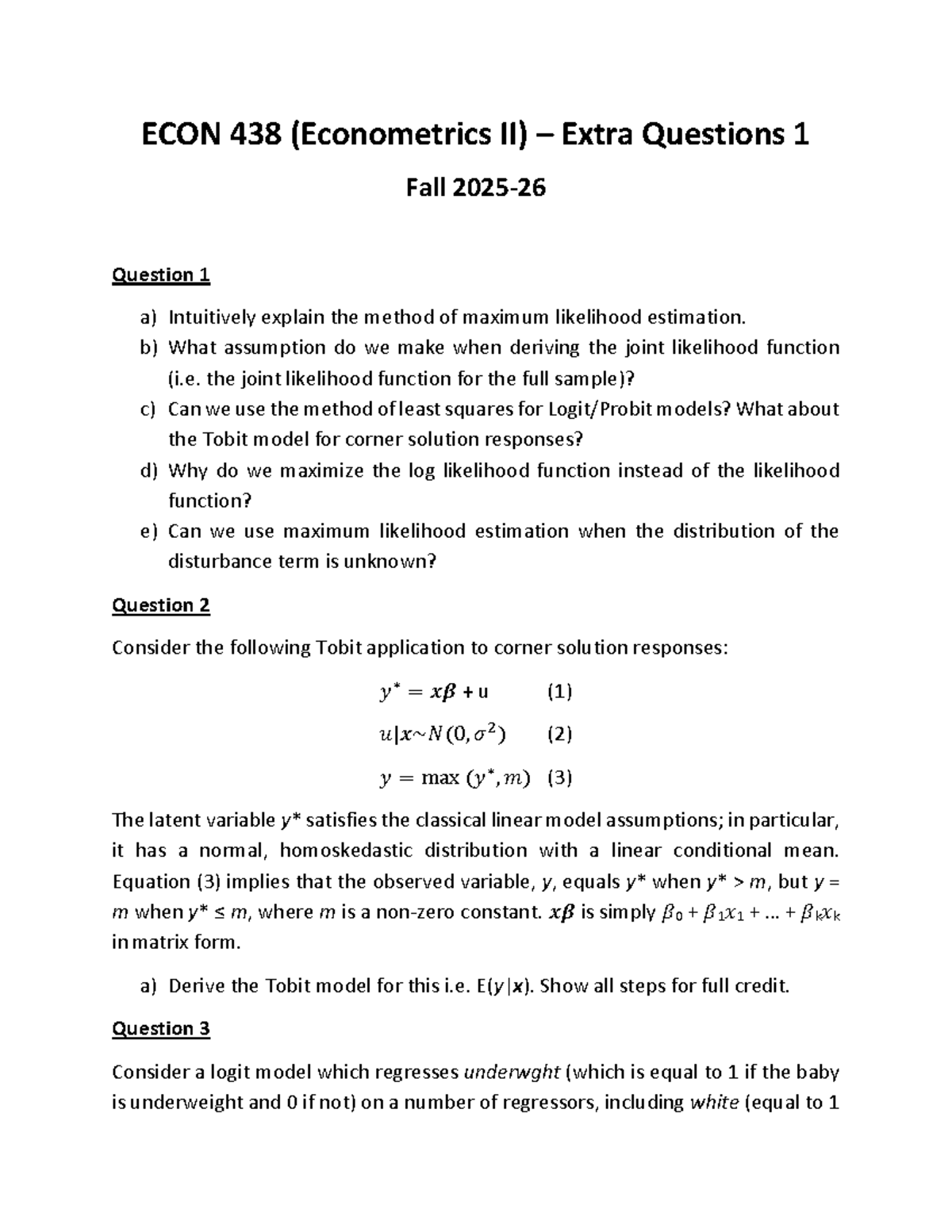 ECON 438 (Econometrics II) Extra Questions & Answers - Fall 2023 - Studocu