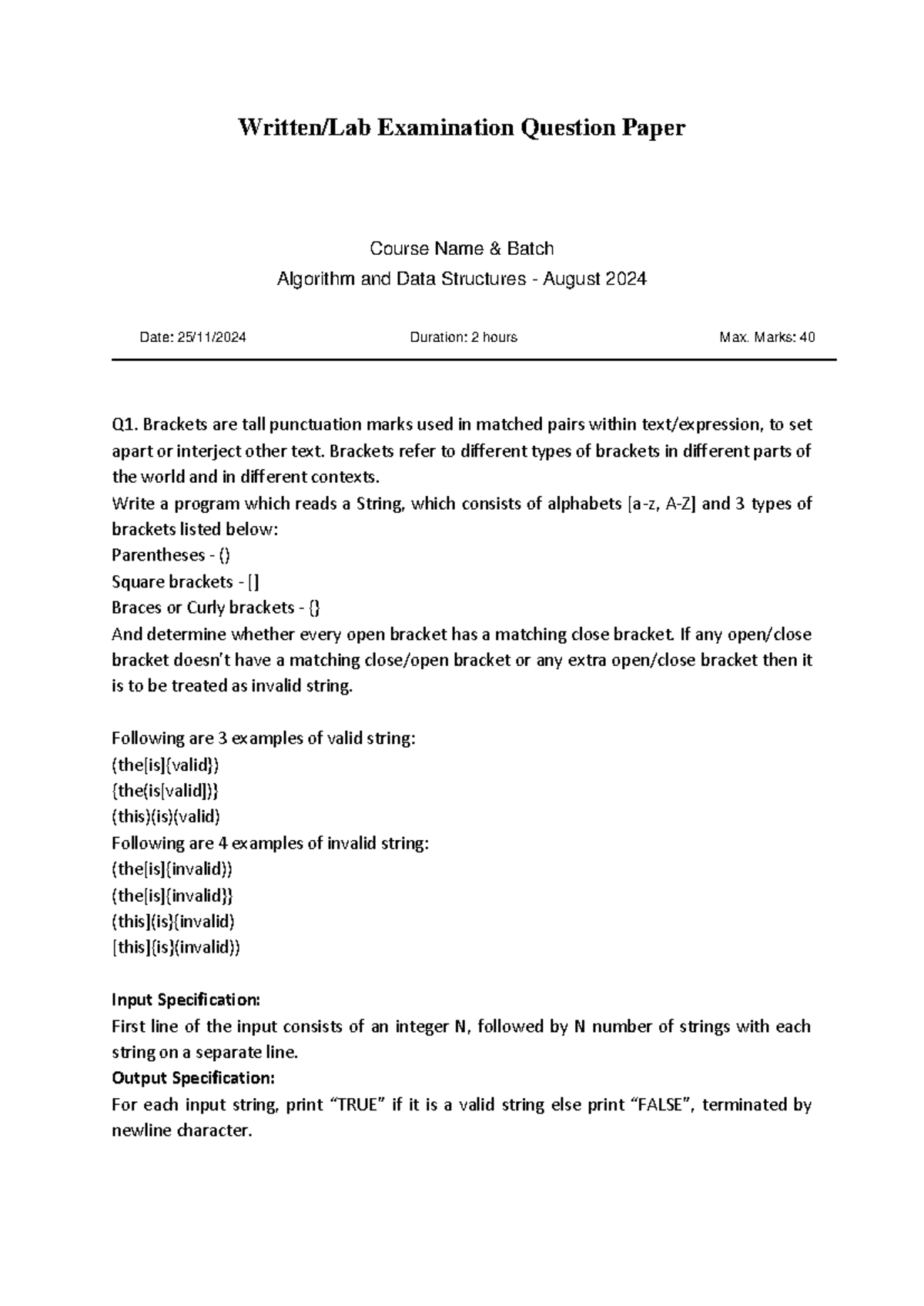 Set-2 ADS Question Paper - Written/Lab Examination Question Paper ACTS ...