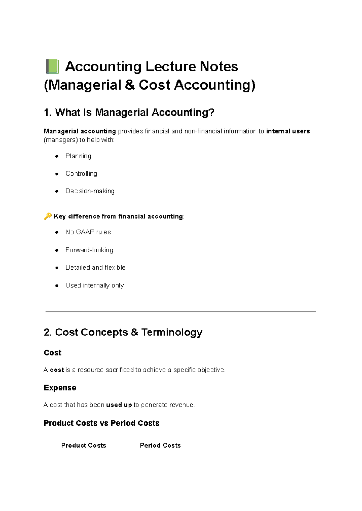 ACC101 Lecture Notes: Managerial Cost Accounting Overview - Studocu