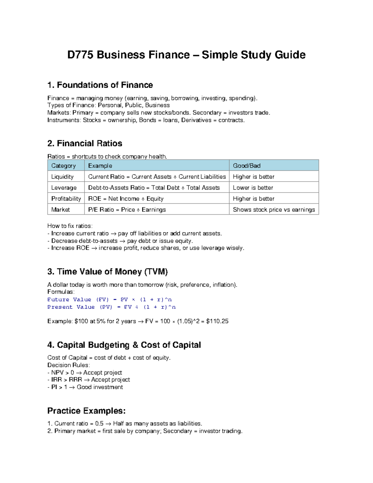 D775 Business Finance Study Guide: Key Concepts & Ratios - Studocu