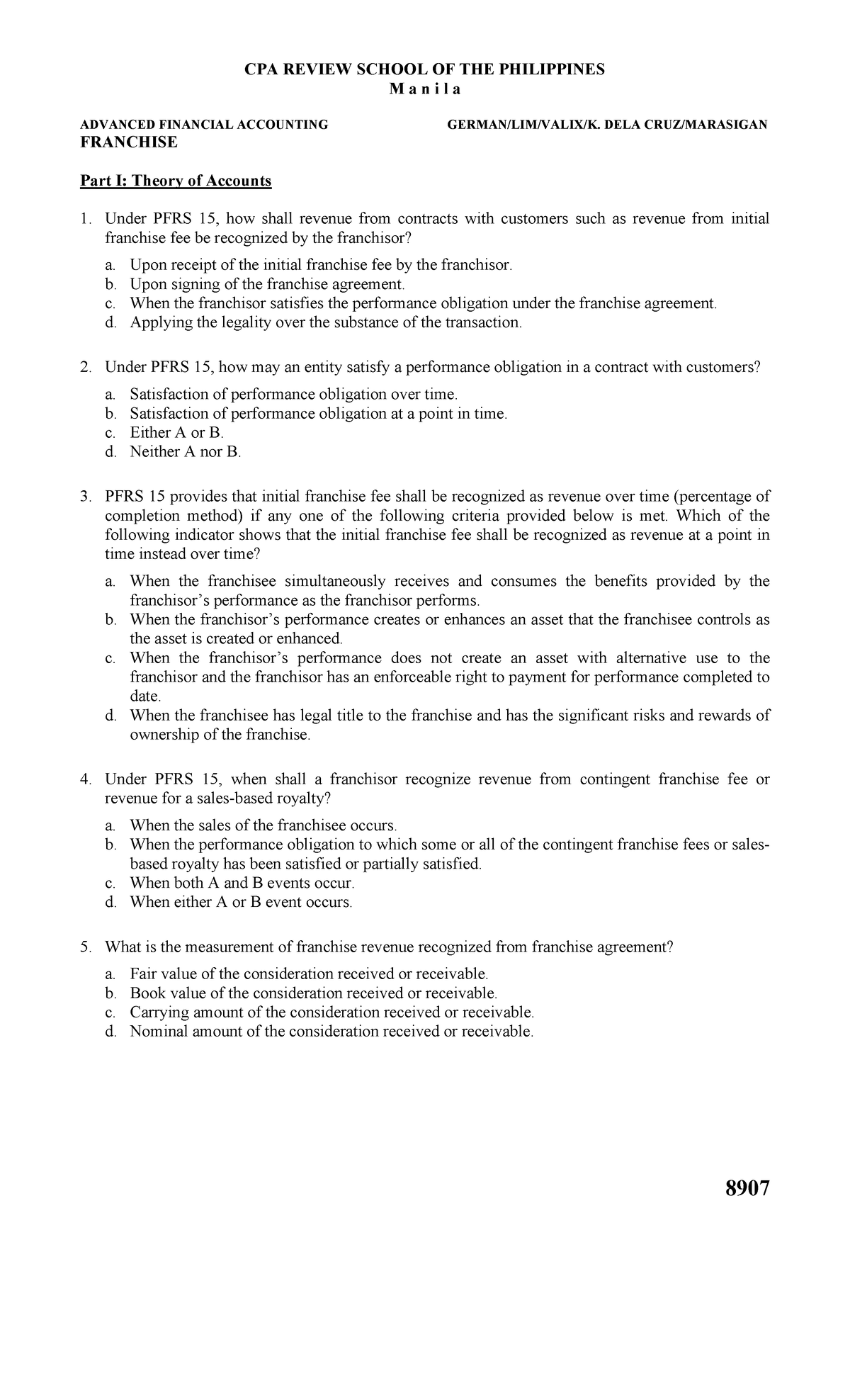 8907 - Advanced Financial Accounting: Franchise Revenue Recognition Analysis - Document Preview