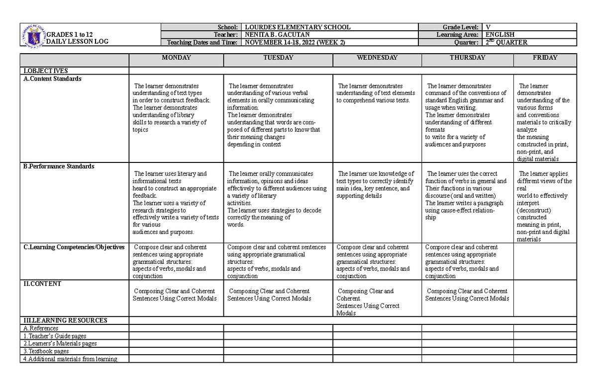 DLL English 5 Q2 W2 - GRADES 1 to 12 DAILY LESSON LOG School: LOURDES ...
