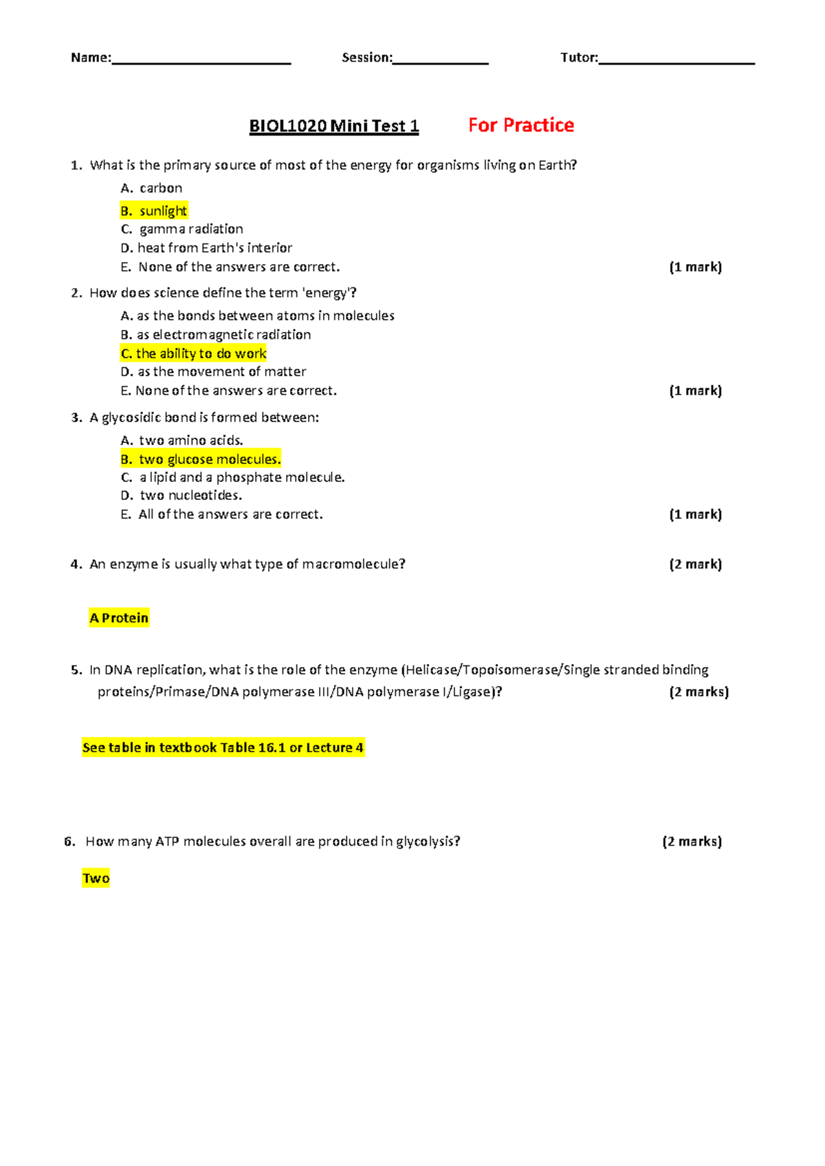 BIOL1020 Mini Test 1 Practice Questions and Answers - Studocu