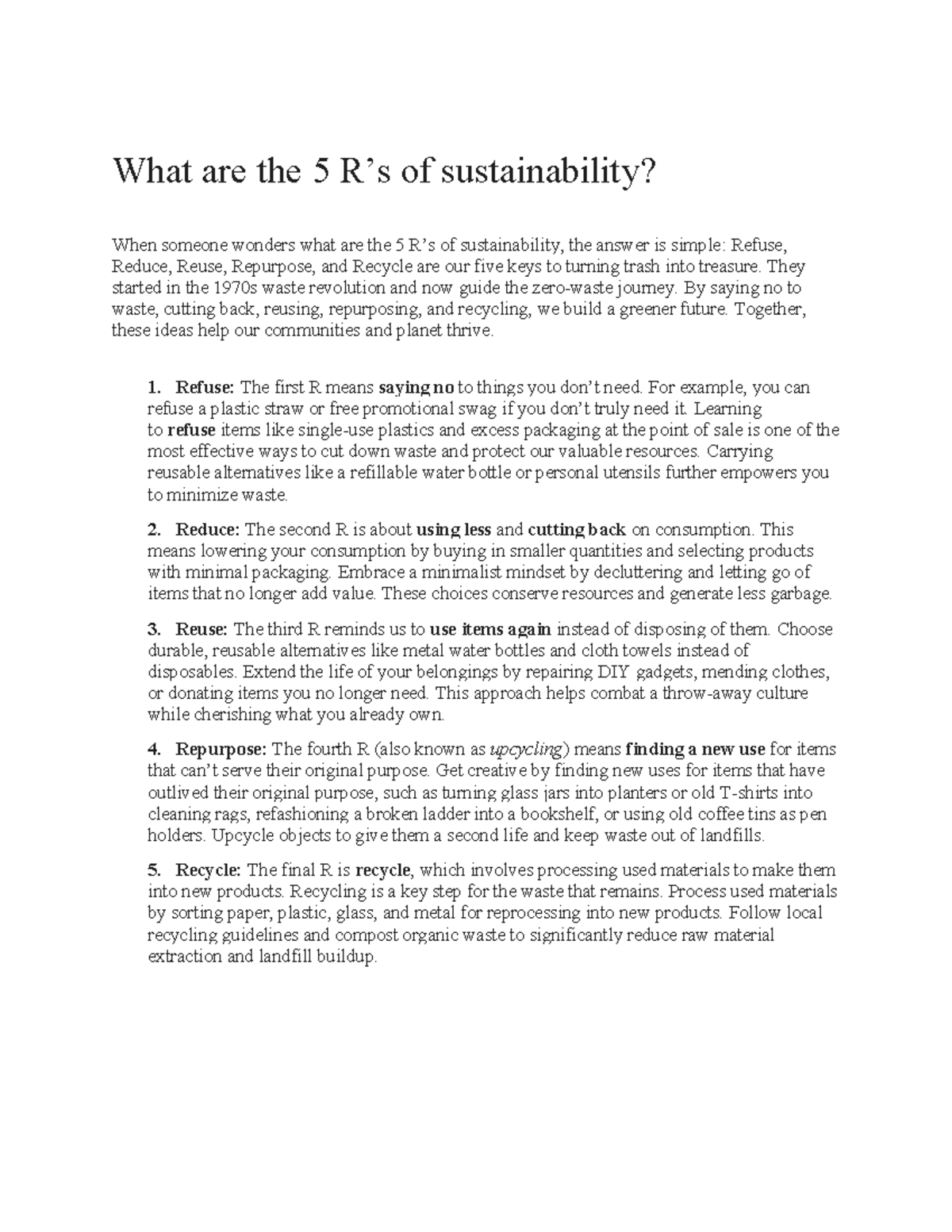 5Rs of Sustainability: Refuse, Reduce, Reuse, Repurpose, Recycle - Studocu