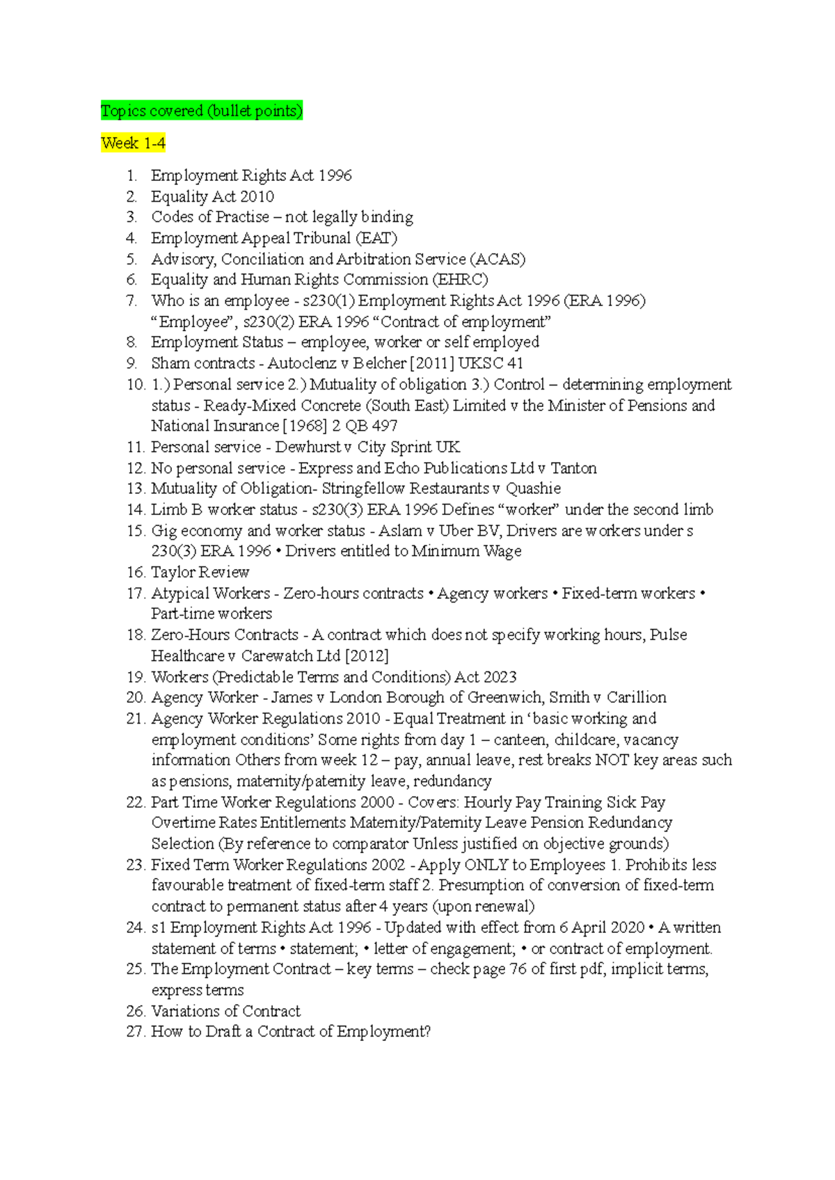 Overview of the topics - notes employment - Topics covered (bullet ...
