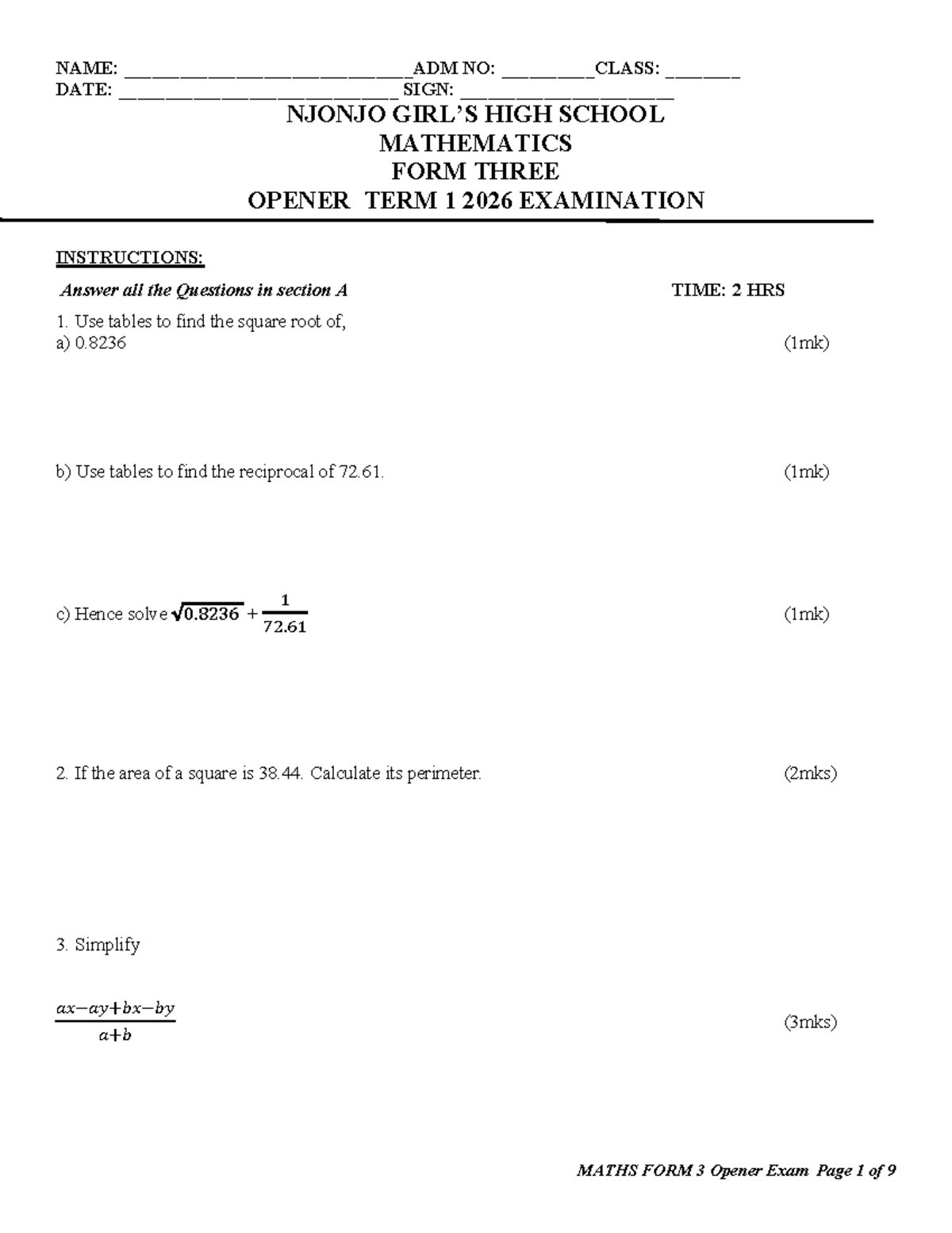MATHS FORM 3 Term 1 2026 Opener Exam Questions and Solutions - Studocu