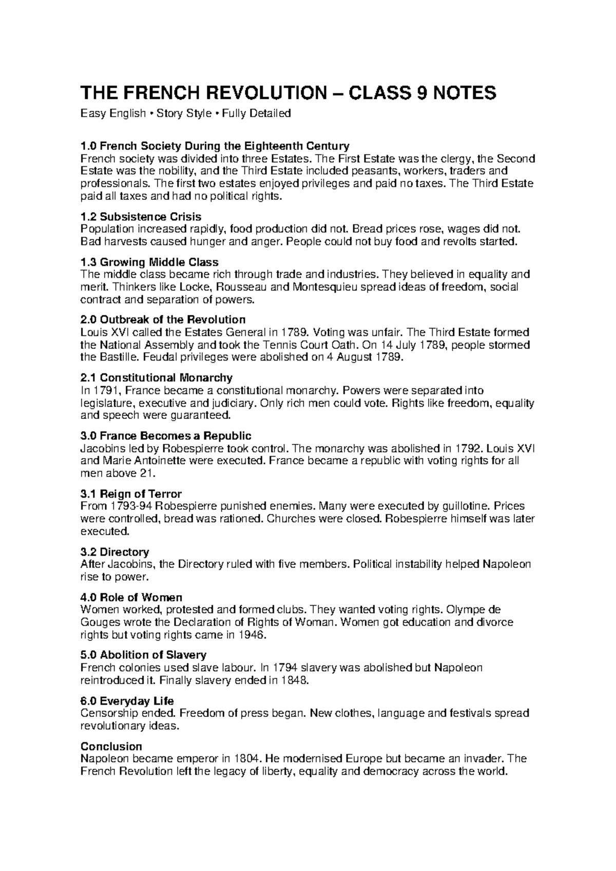 French Revolution Class 9 Notes: Detailed Overview and Key Events - Studocu