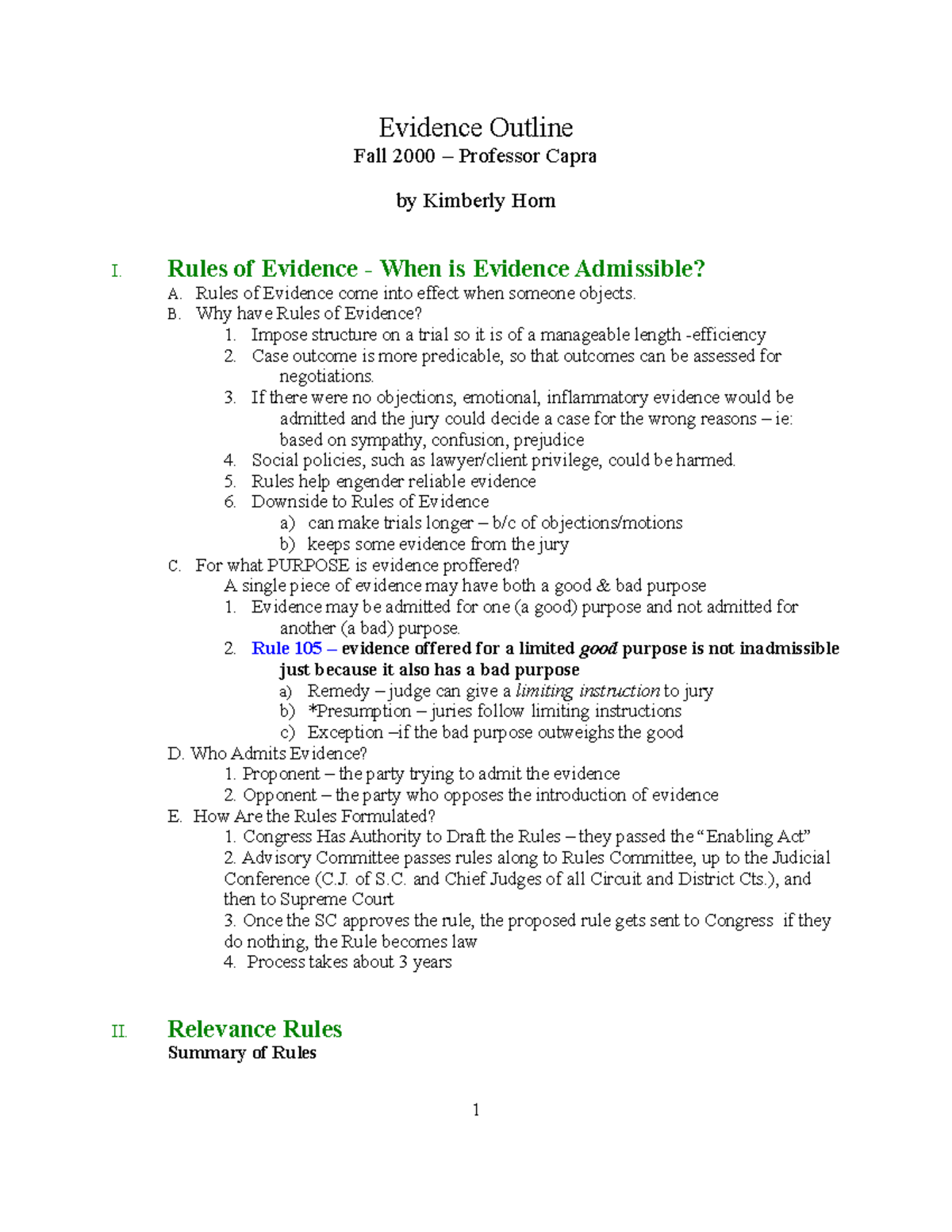 Evidence 101 - Rules of Admissibility and Relevance Outline - Studocu