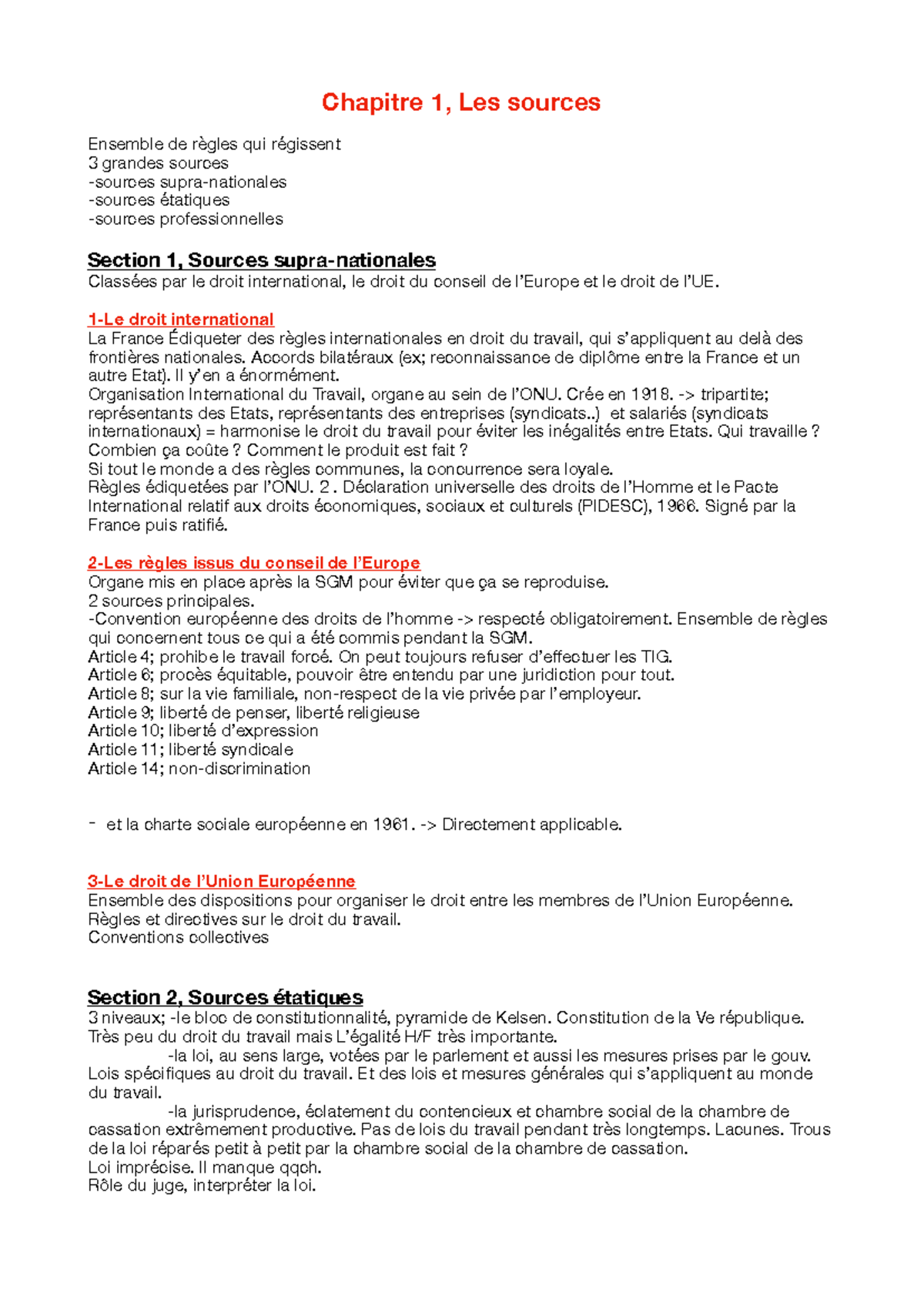 Cours de Droit du Travail - Chapitre 1 : Les Sources du Droit - Studocu