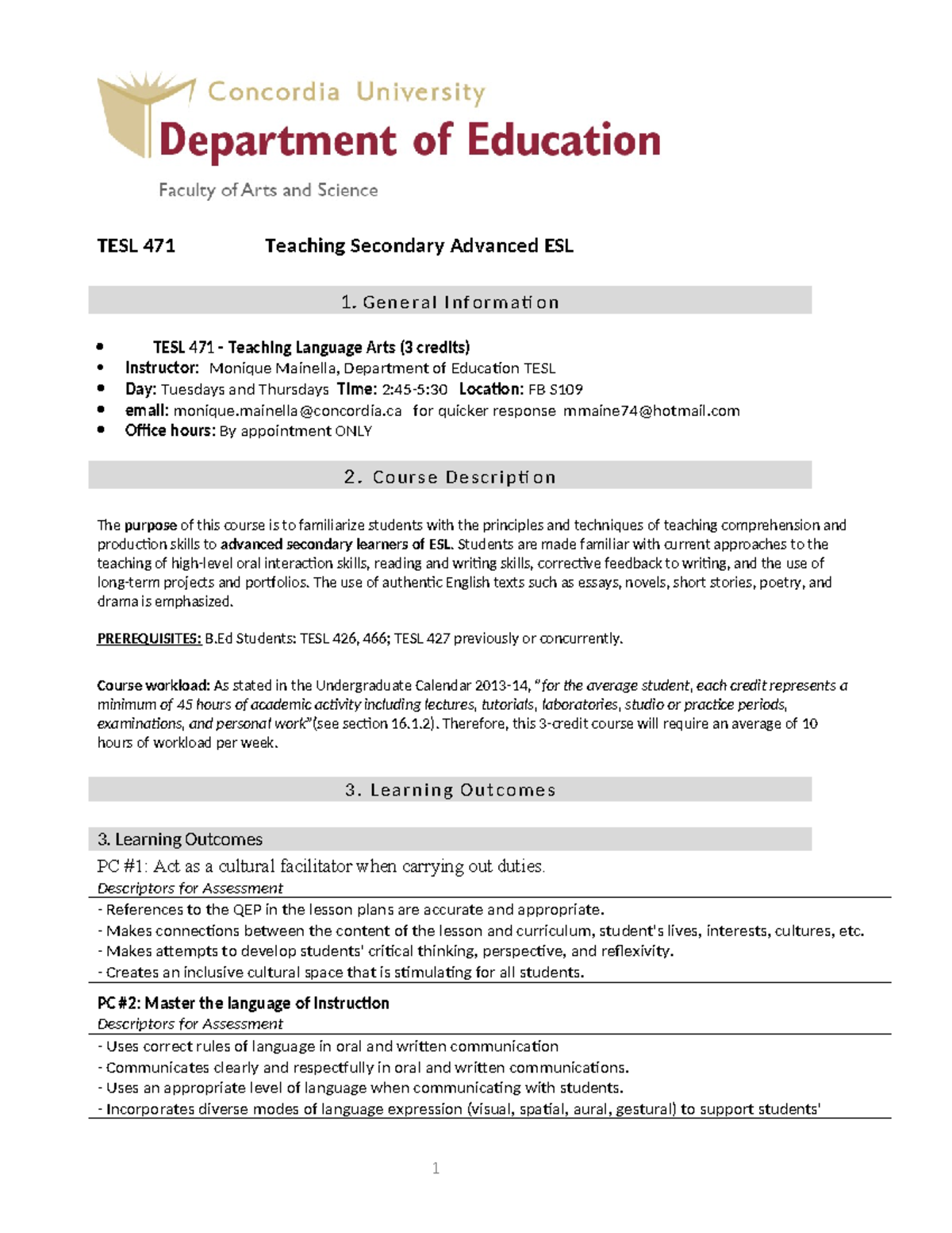 TESL 471 Course Outline: Teaching Advanced ESL for Secondary Learners ...
