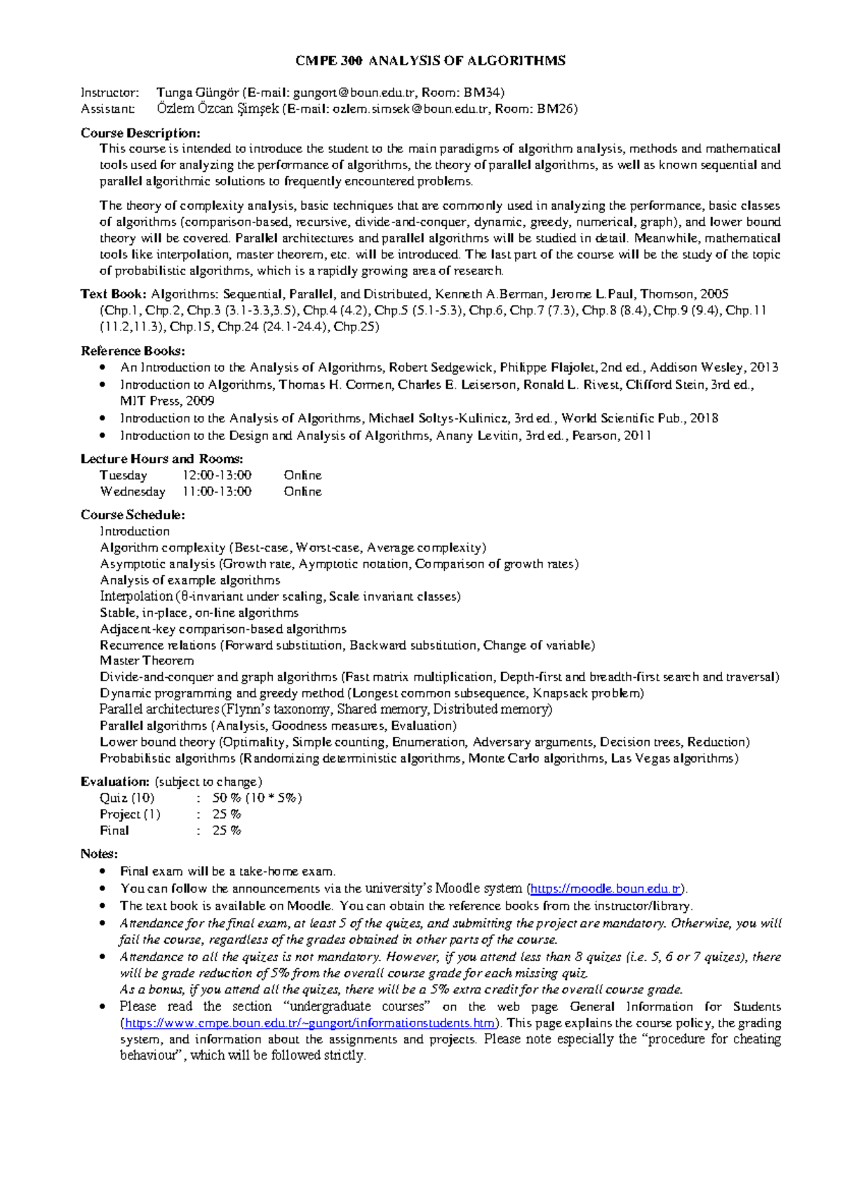 CMPE 300 Syllabus: Analysis of Algorithms Overview and Policies - Studocu