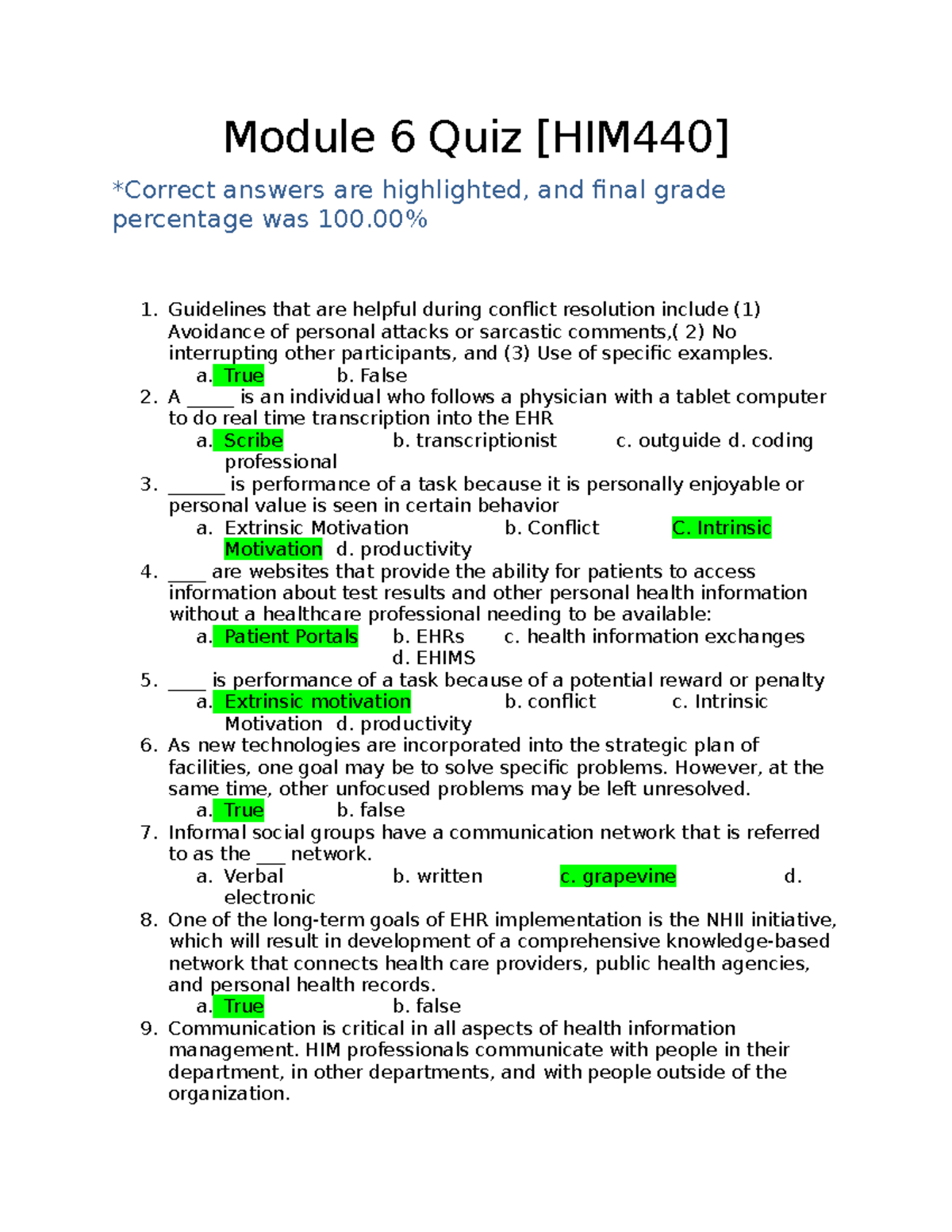 HIM440 Module 6 Quiz - Module 6 Quiz [HIM440] *Correct answers are ...