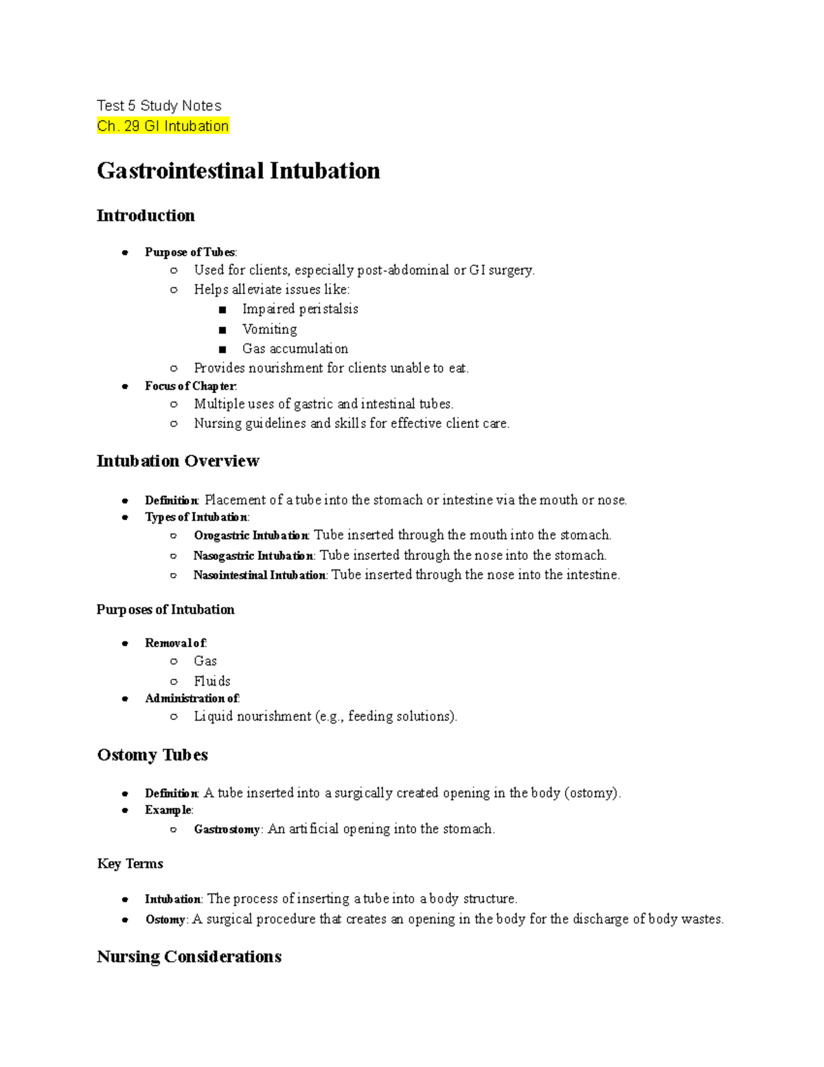 Test 5 Study Notes: Ch. 29 GI Intubation and Tube Management - Studocu
