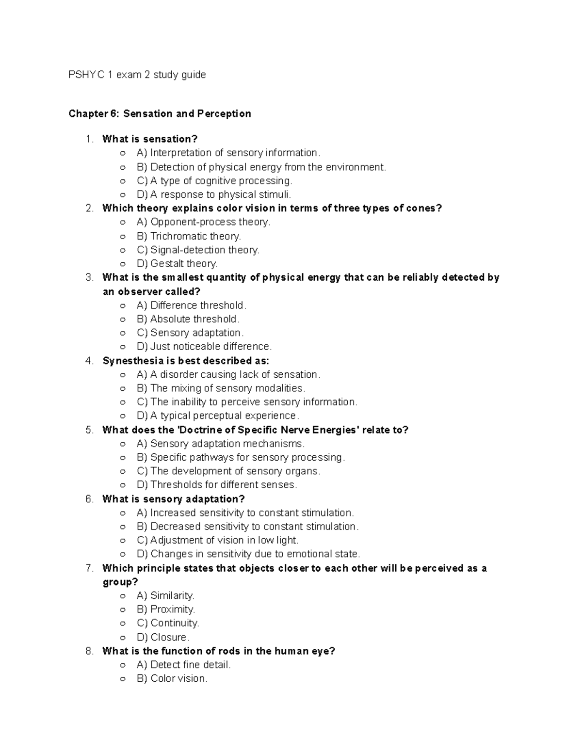 PSYCH 1 Exam 2 Study Guide: Sensation, Perception & Learning Concepts ...