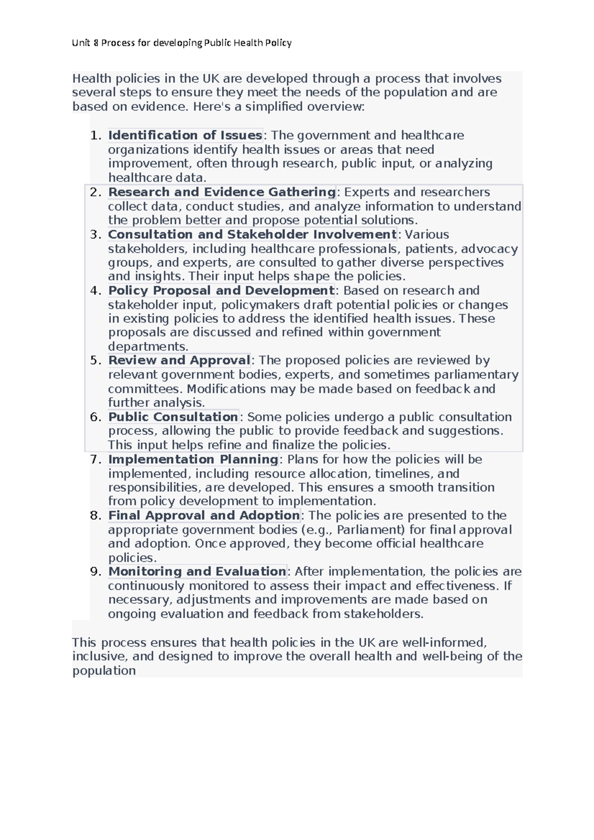 Unit 8: Steps in Developing UK Public Health Policy - Studocu
