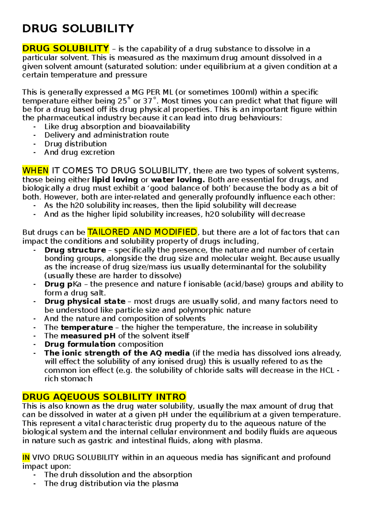 DRUG SOLUBILITY - Lecture Notes on Aqueous and Lipid Solubility - Studocu