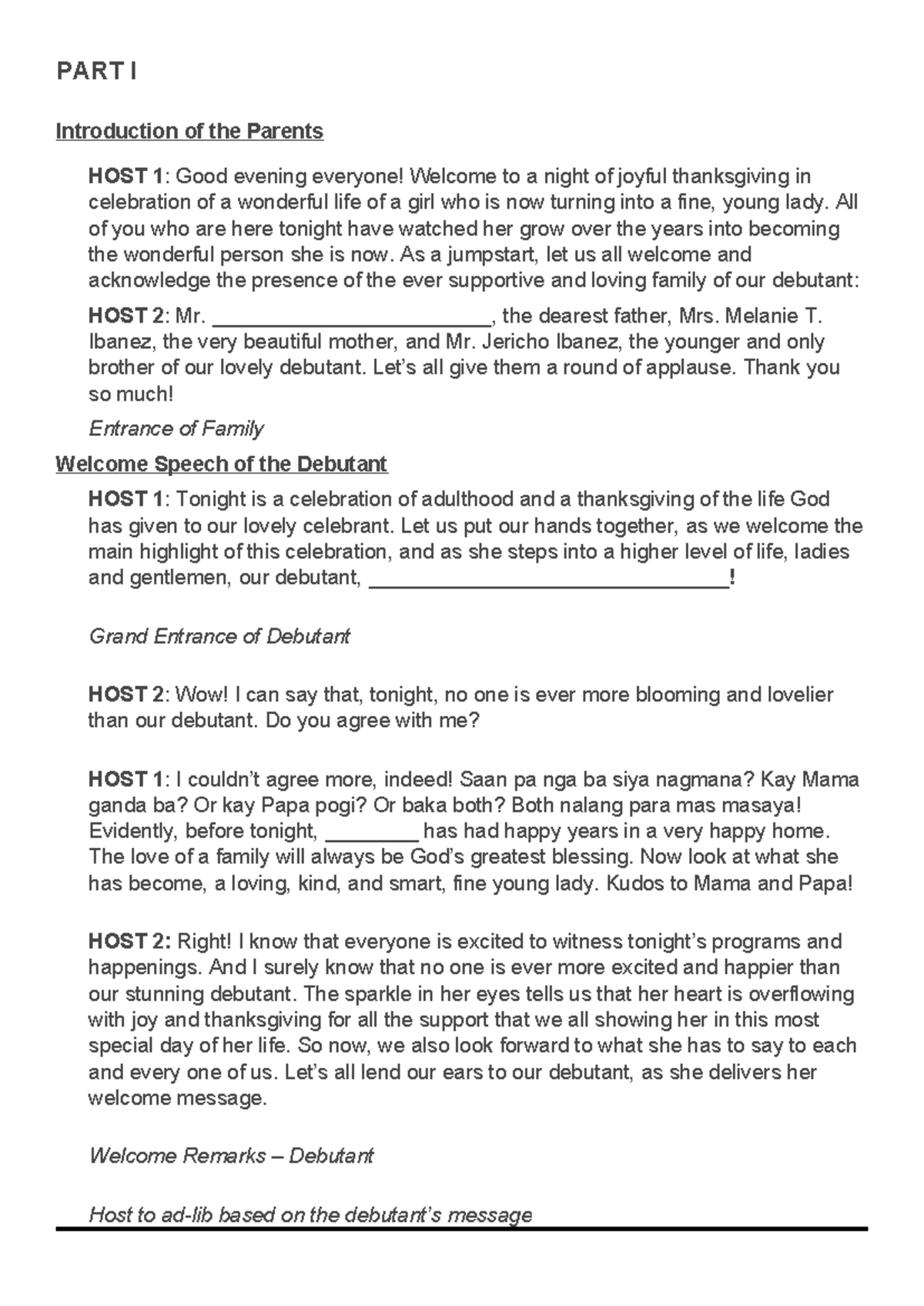 Debut Celebration Script: A Memorable Night for Our Debutant - Studocu