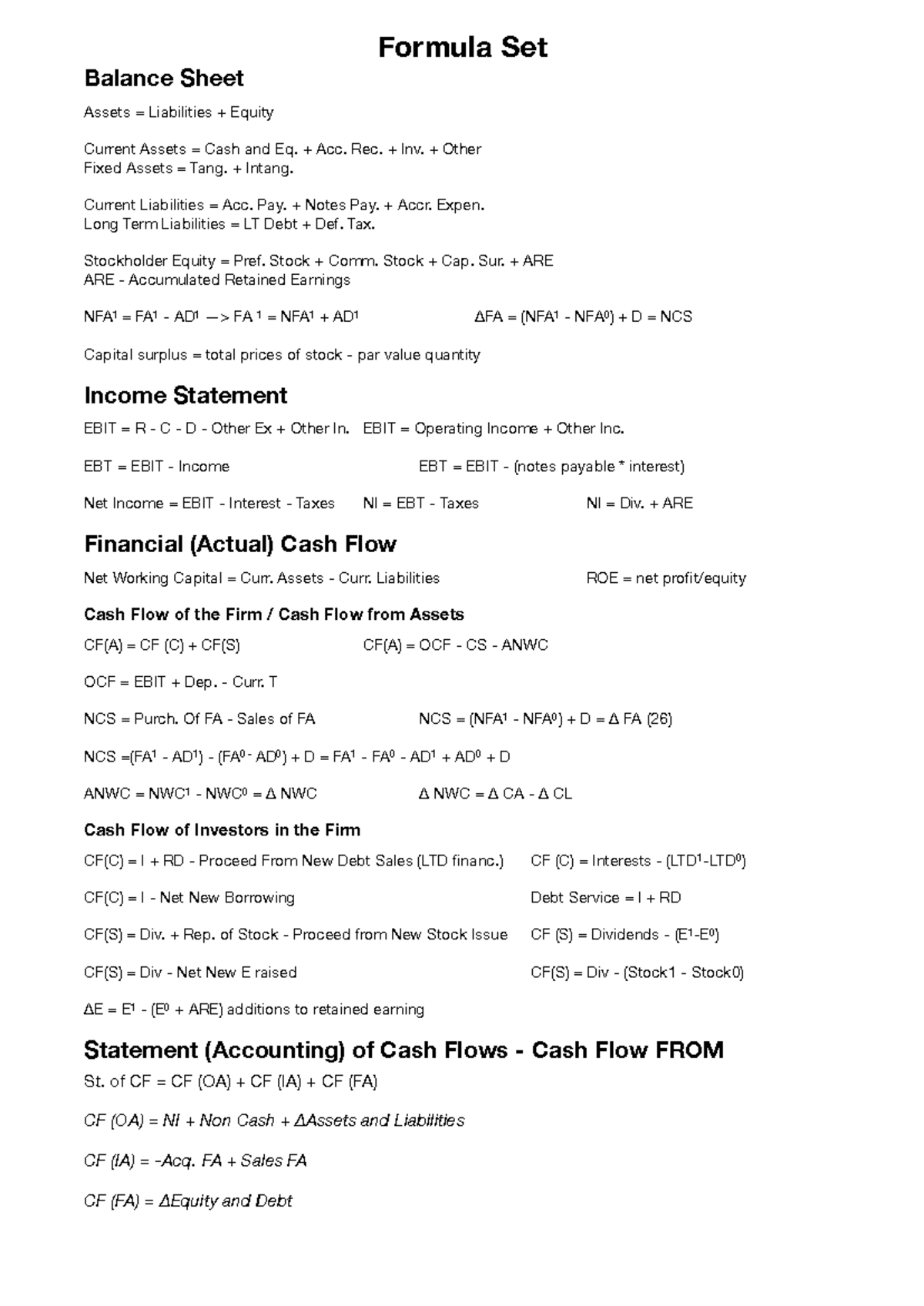 Financial Analysis Formulas (E&A) for Accounting Principles - Studocu