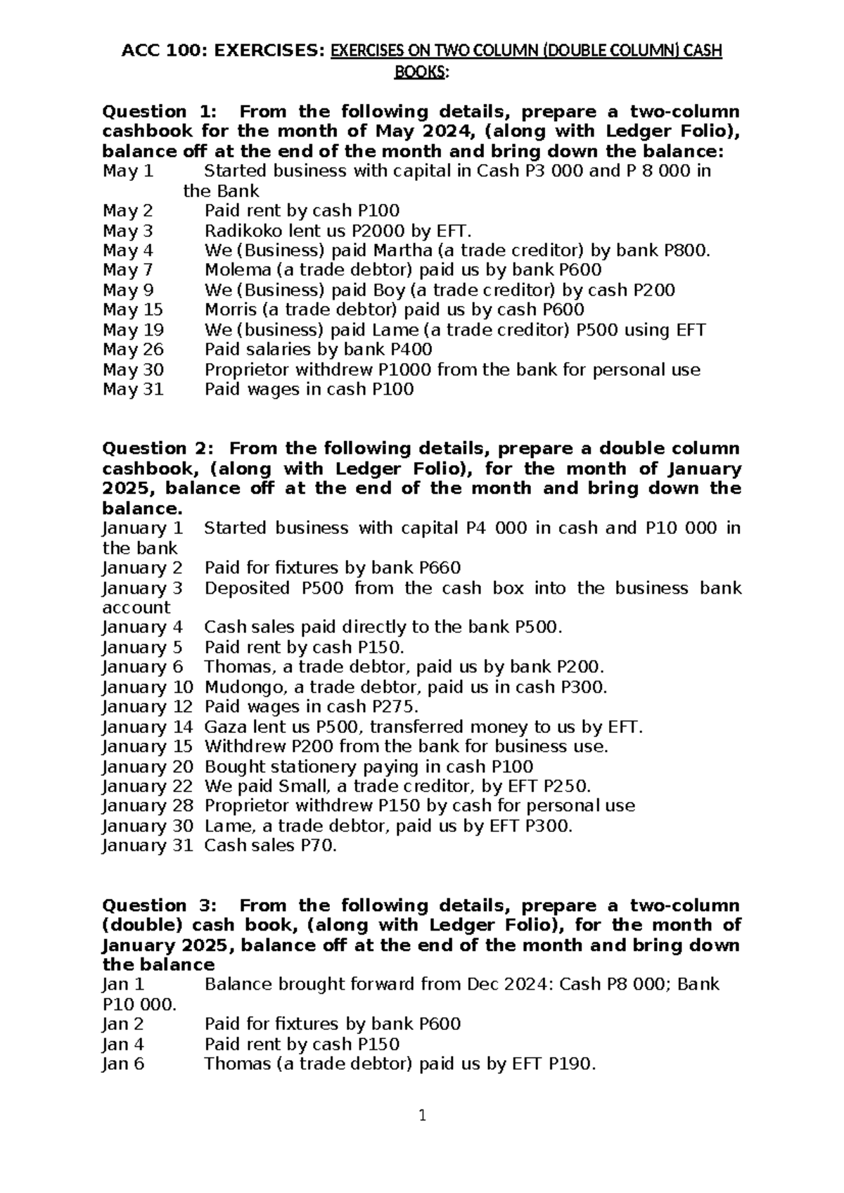 ACC 100: Exercises on double column cash books for May and January ...