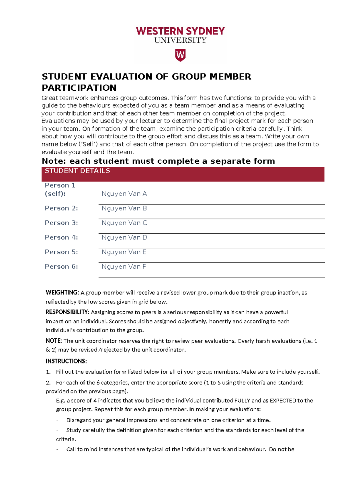Peer Evaluation of Group Member Participation (Course Code: XYZ123 ...