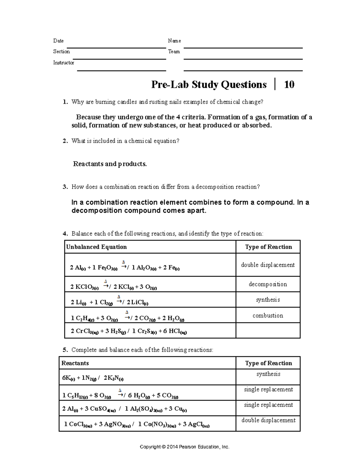 LAB 10 - Chemical Reactions and Balancing Equations - Studocu