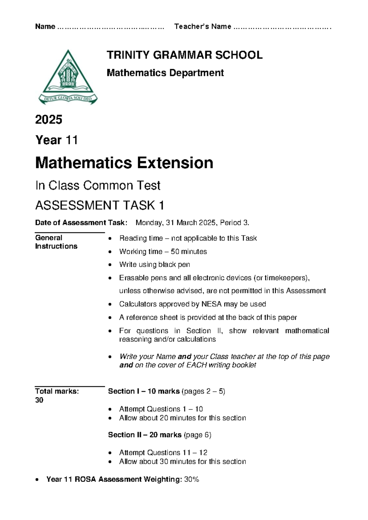 Trinity Grammar 2025 Year 11 Mathematics Extension Assessment Task 1 ...