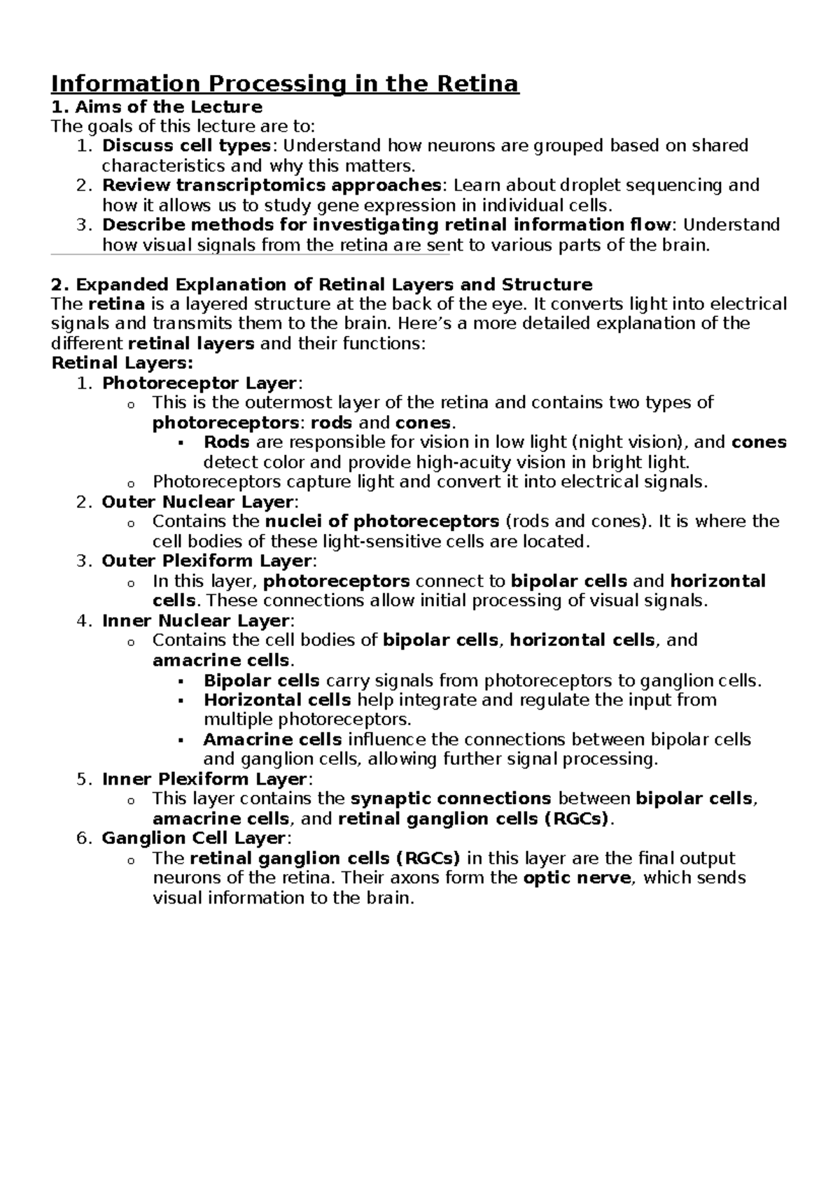 Lecture Notes: Information Processing in the Retina (BIOL 101) - Studocu