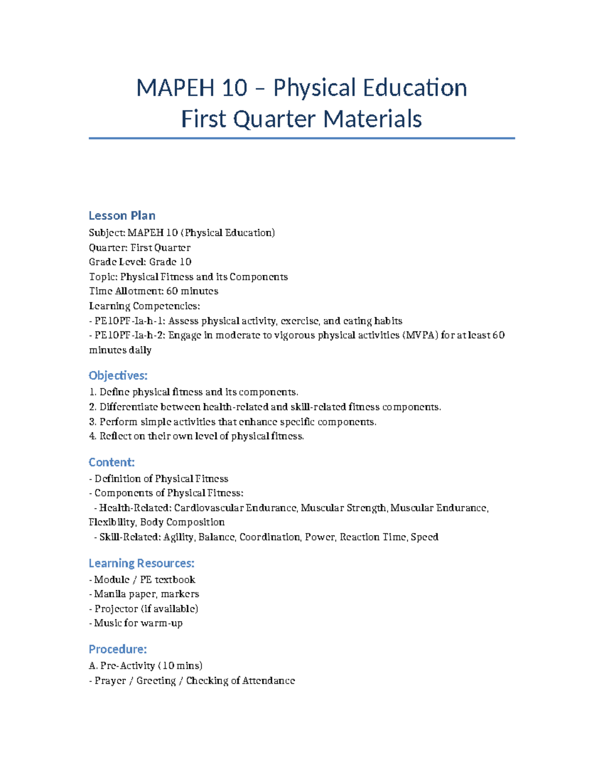 MAPEH 10 Physical Education First Quarter Lesson Plan & Quiz - Studocu