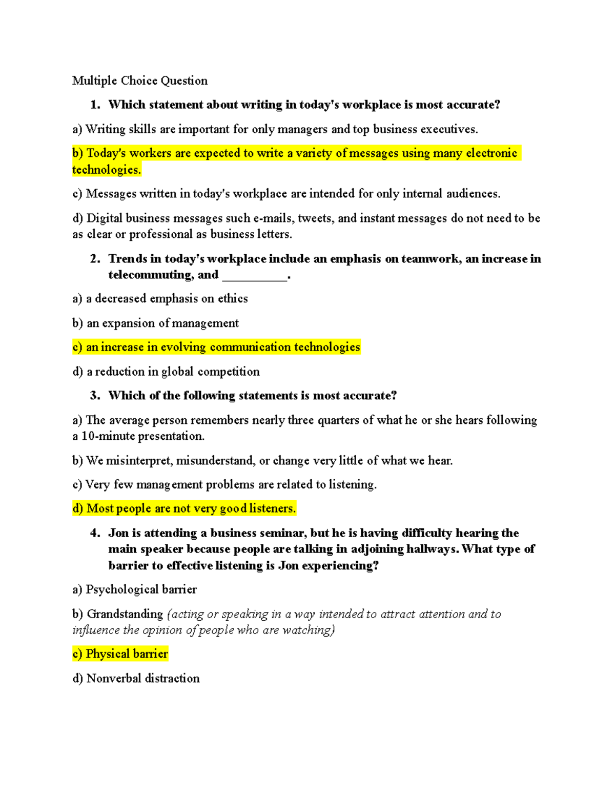 ESP121 - Multiple Choice Questions on Business Communication Skills - Studocu