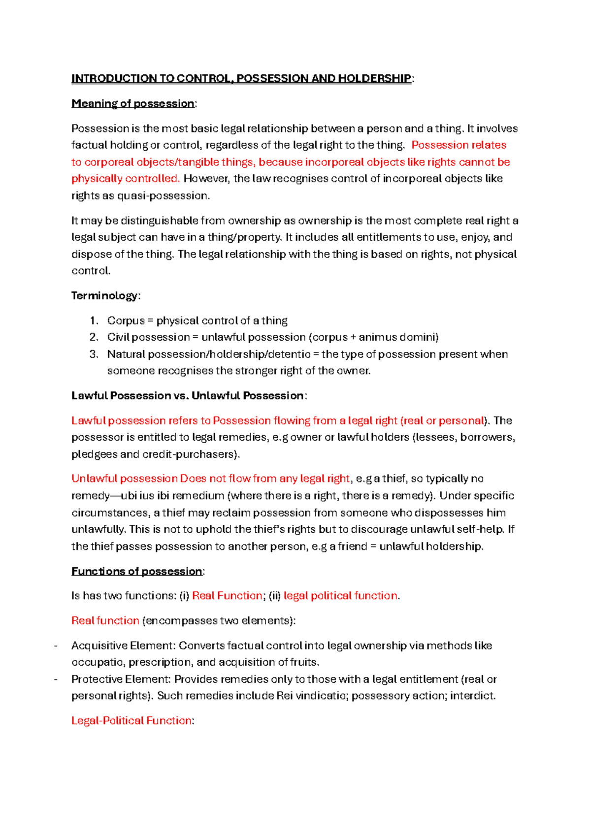 LAW OF PROPERTY NOTES PT: Control, Possession, and Holdership Explained ...