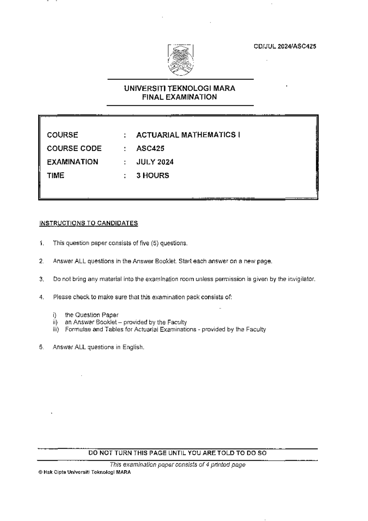 ASC425 Final Exam: Actuarial Mathematics 1 July 2024 Question Paper ...