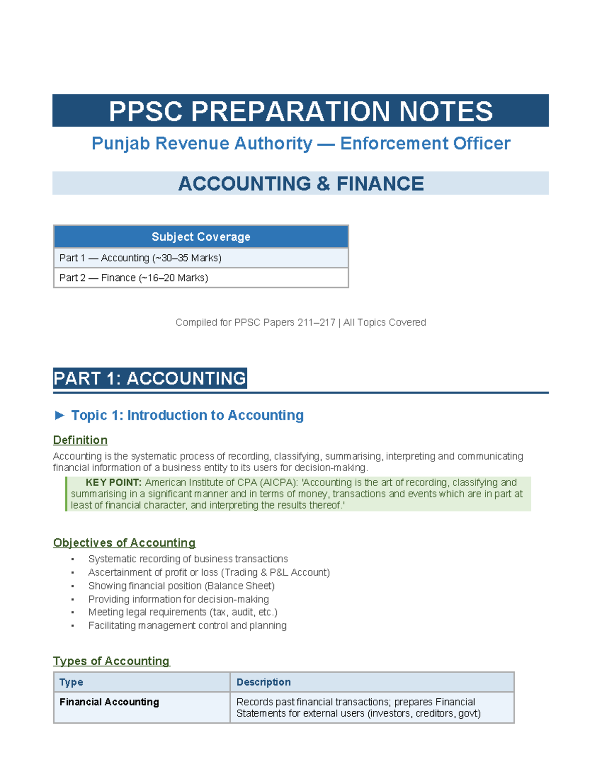 PPSC Accounting & Finance Preparation Notes: Comprehensive Guide - Studocu