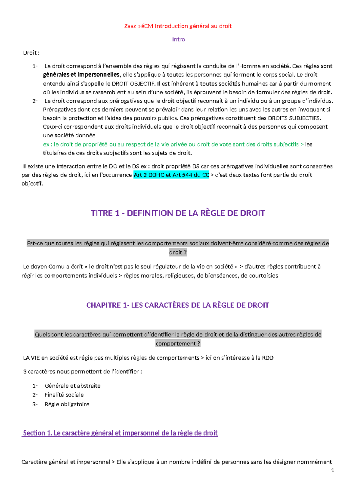 CM Introduction générale au droit 2023 : Concepts et Caractéristiques ...