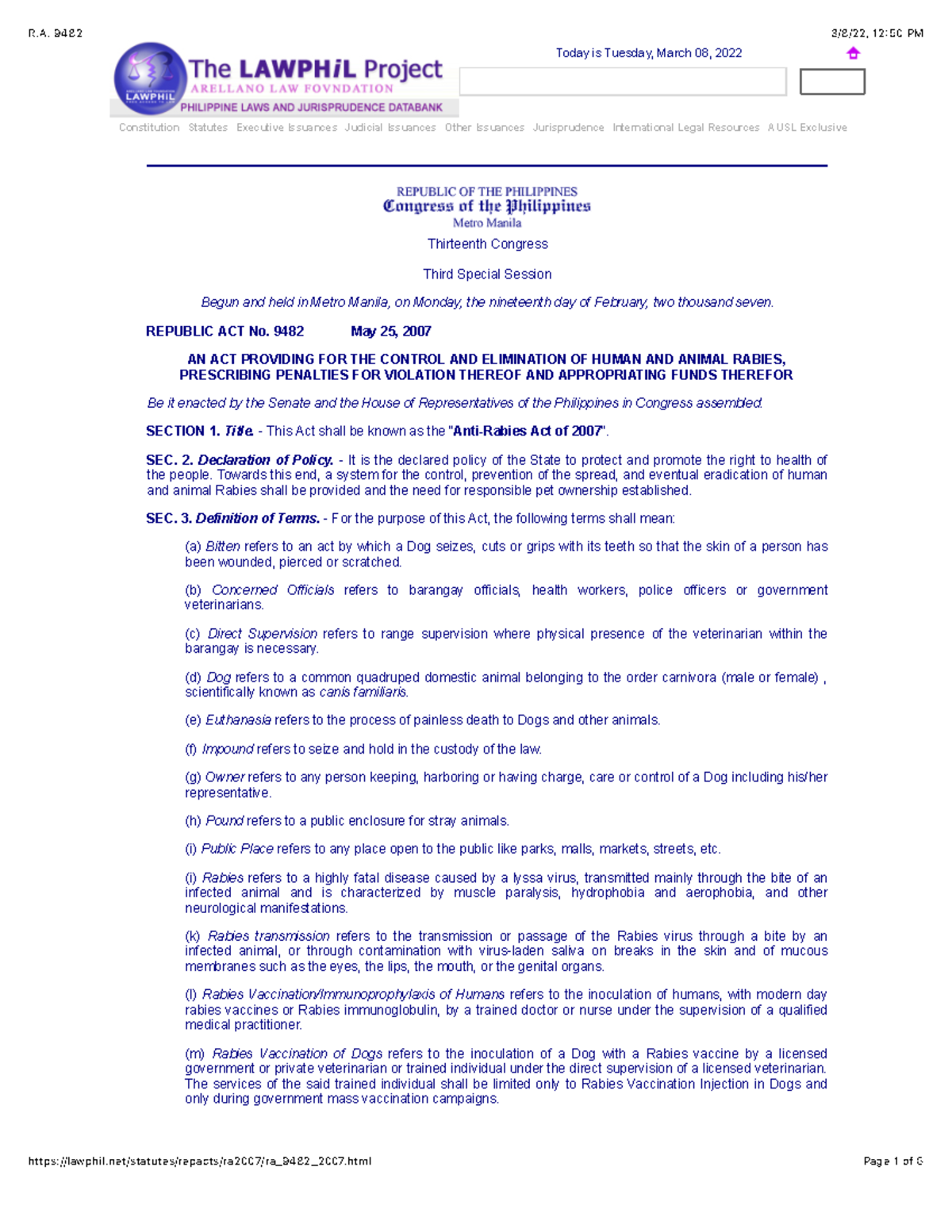 R.A. 9482 THE ANIMAL WELFARE ACT OF THE PHIL ...
