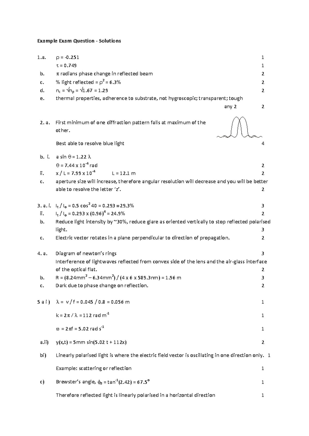 Foundations of Optics - Applied Optics Practice Exam Questions (Q's ...