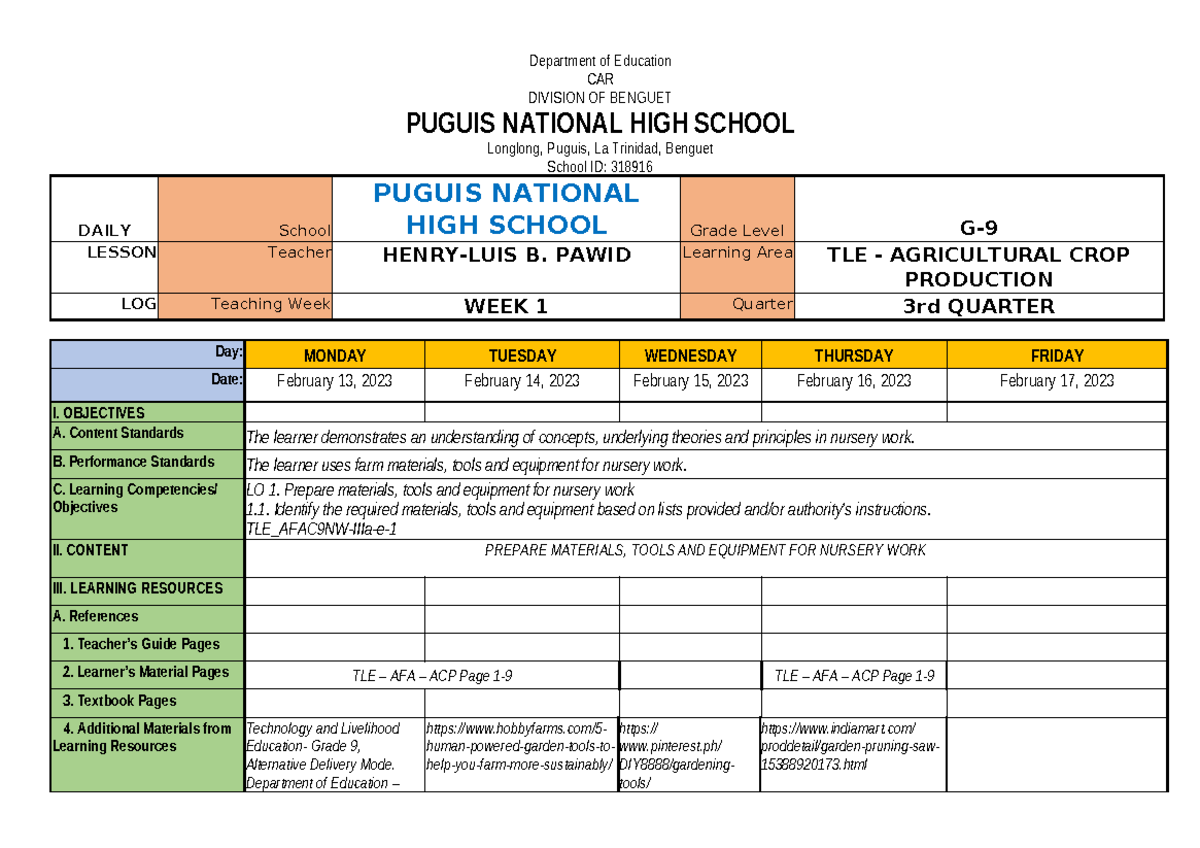 Week 1 - Q3 - TLE Agricultural Crop Production Lesson Plan - Studocu