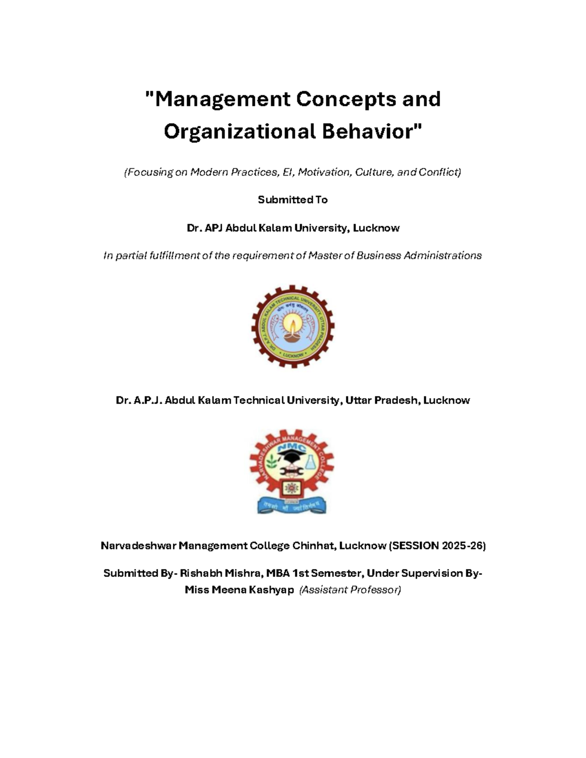 MBA 1st Sem - Concepts in Organizational Behavior: Modern Practices ...