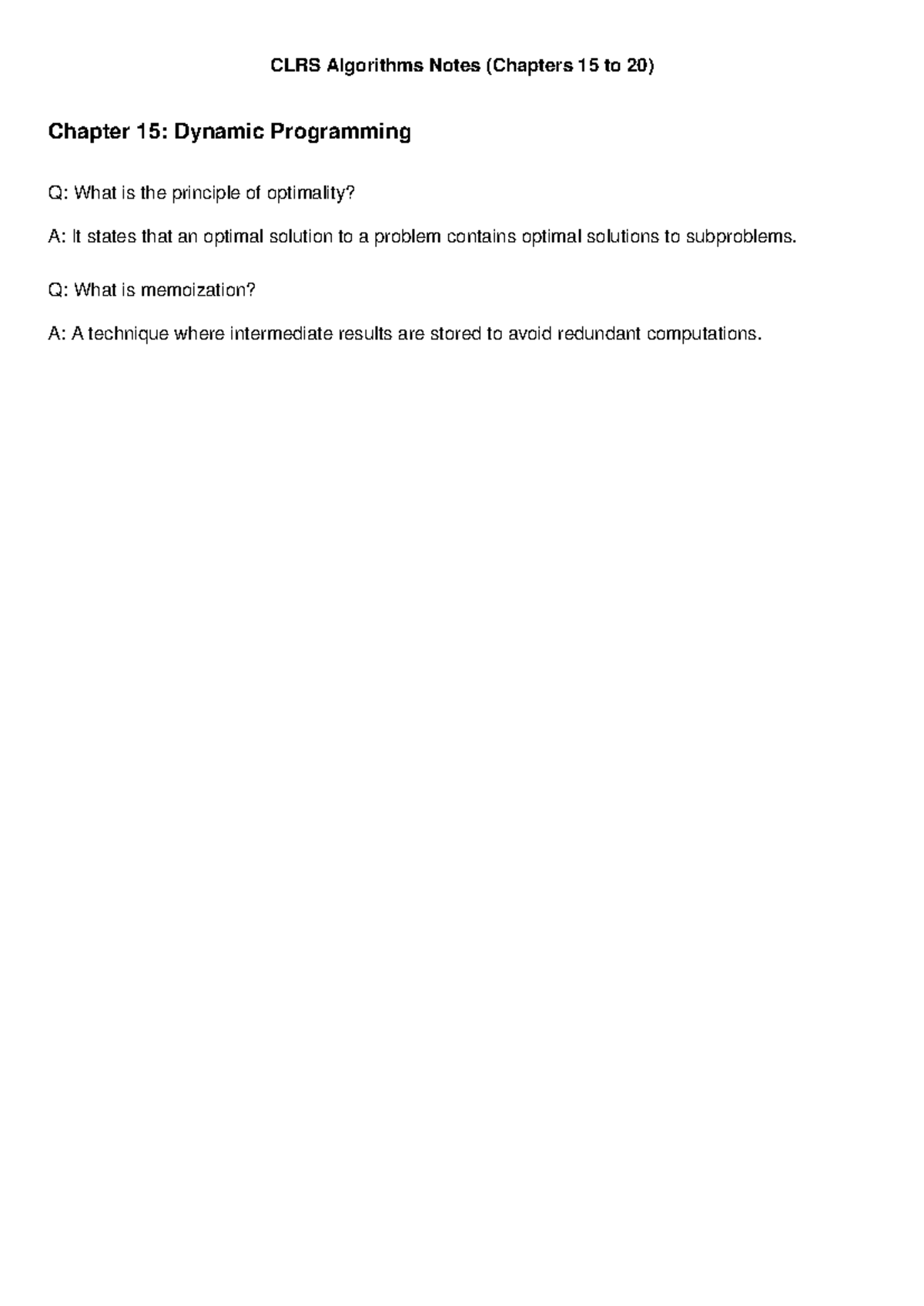 CLRS Algorithms Notes (Ch15-20) Q&A on Dynamic & Greedy Programming ...