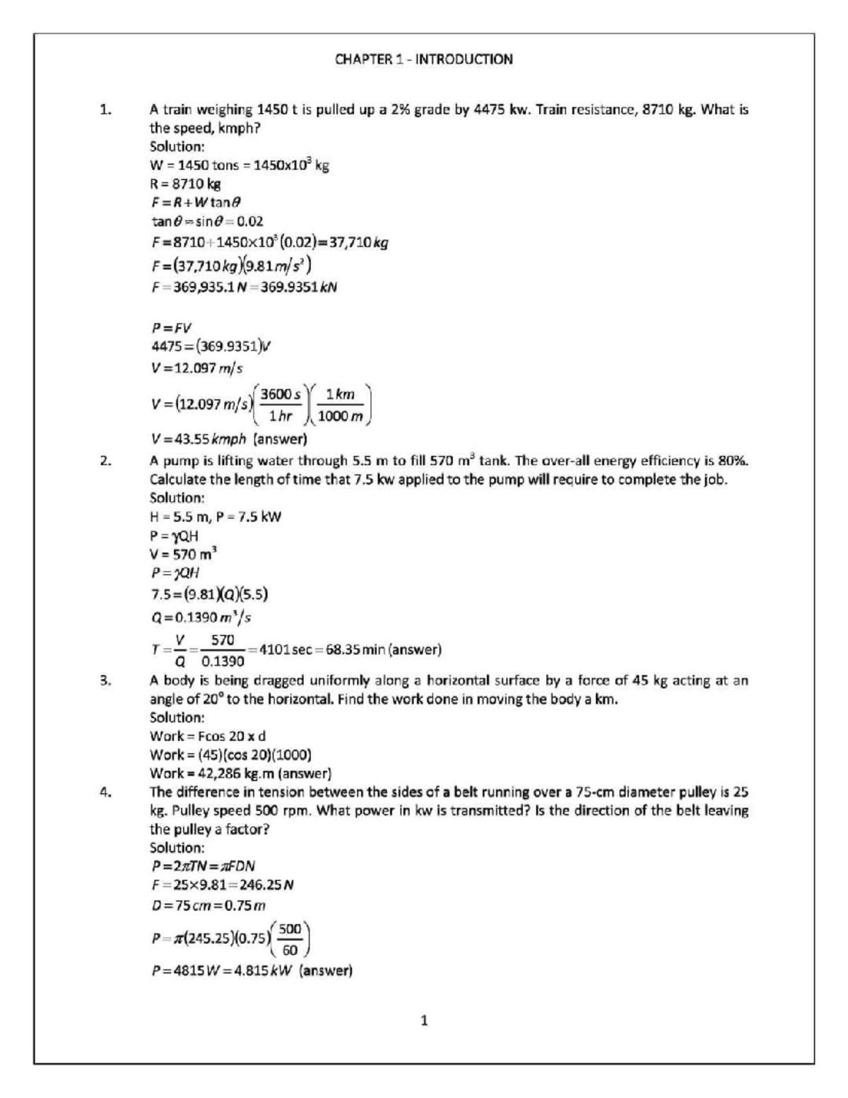 Chapter 1 - Energy & Power - CHAPTER 1 INTRODUCTION 1. A train weighing ...