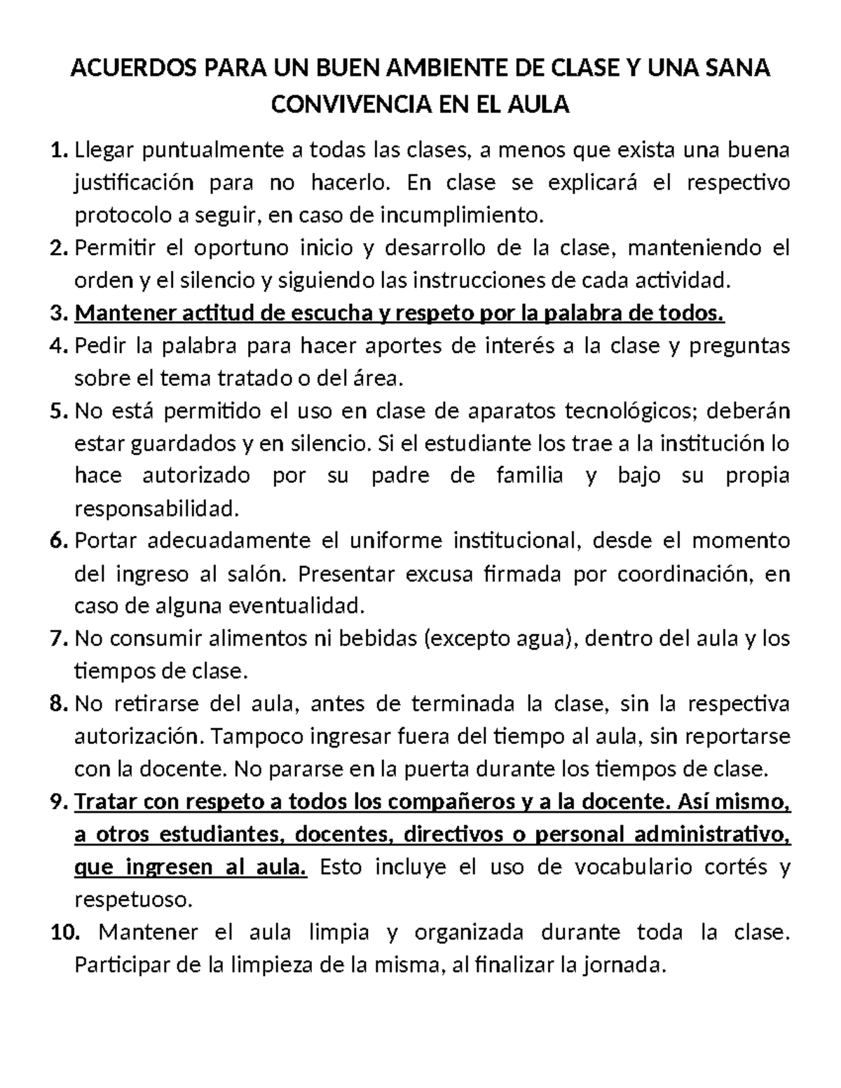 ACUERDOS PARA UNA SANA CONVIVENCIA EN EL AULA 1 - Studocu
