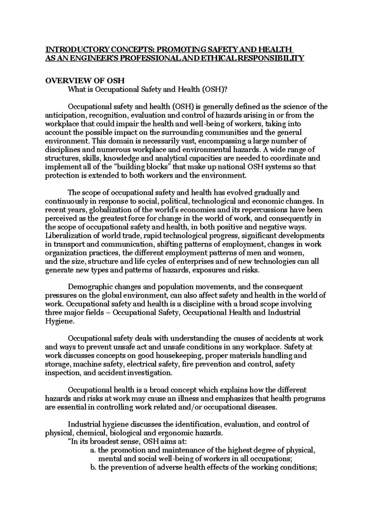 OSH 101: Introductory Concepts in Occupational Safety and Health - Studocu