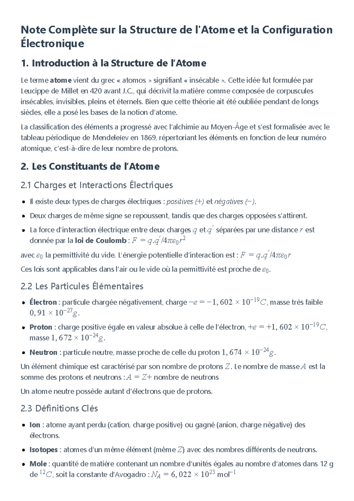 Note Complète sur la Structure de l'Atome - Cours de Chimie - Studocu