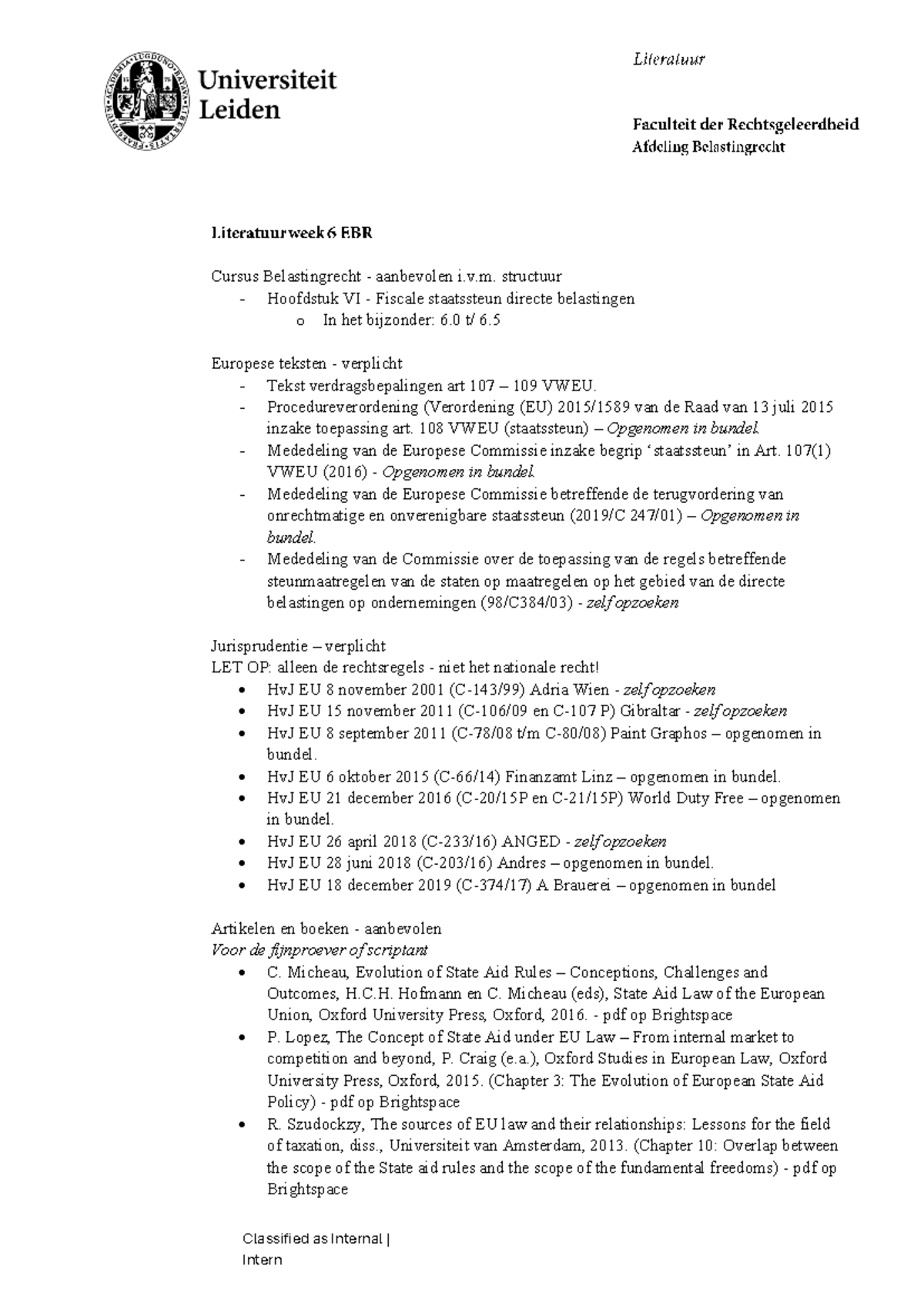Literatuur Week 6 EBR 2526: Fiscale Staatssteun en EU Regelgeving ...