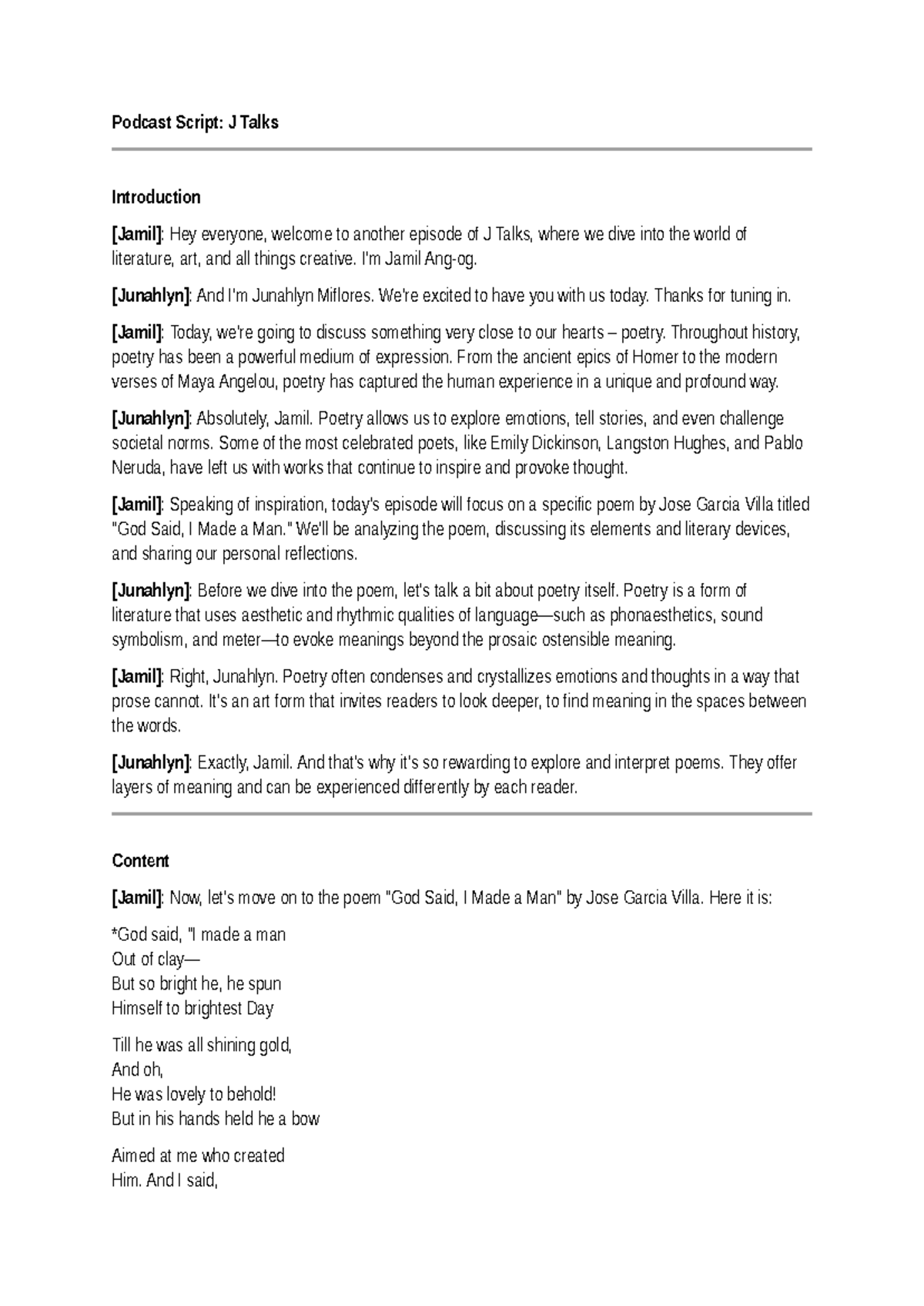Podcast Script: J Talks - Analyzing Jose Garcia Villa's Poem 