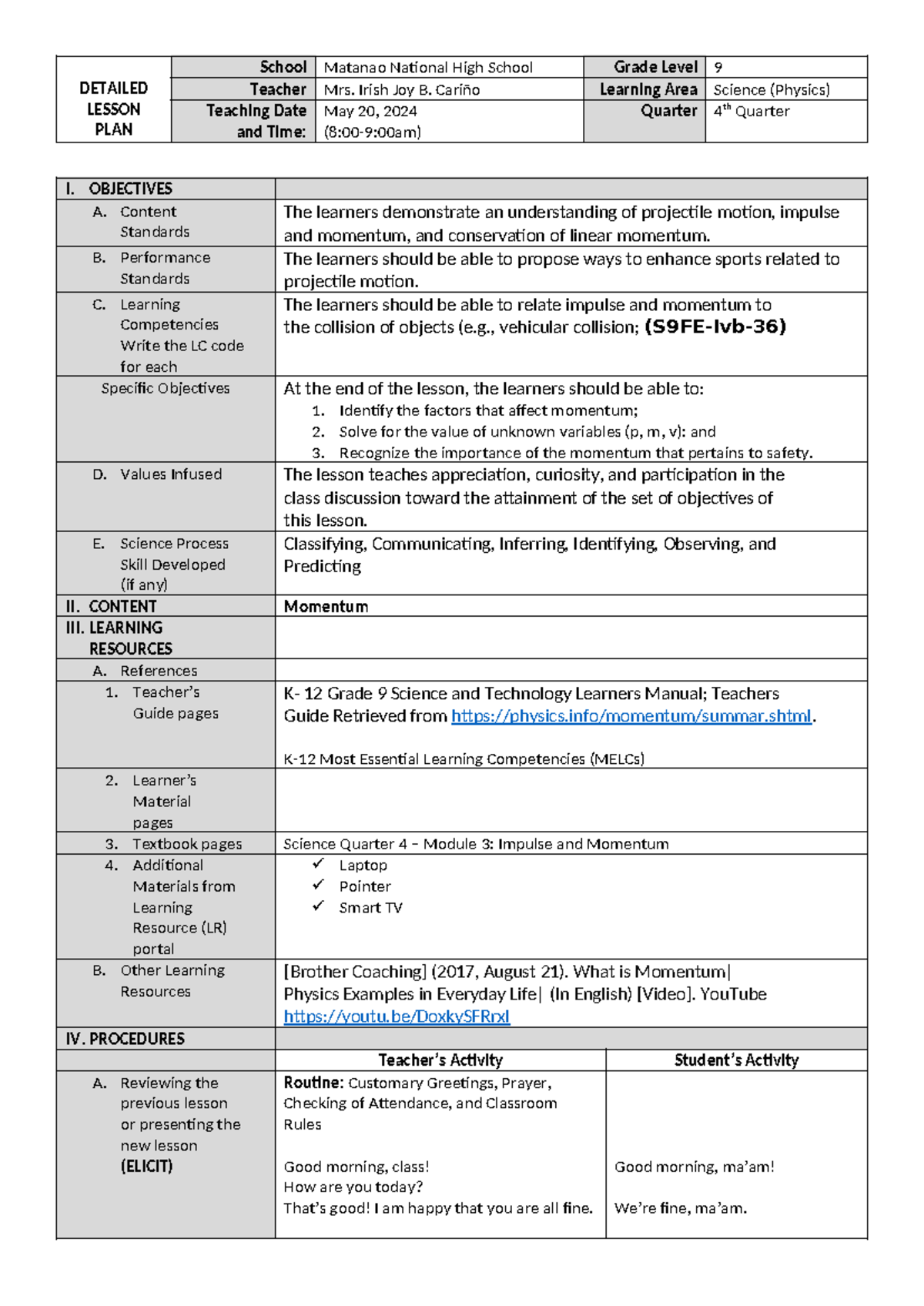 Grade 9 Science Lesson Plan: Impulse & Momentum (4th Quarter) - Studocu