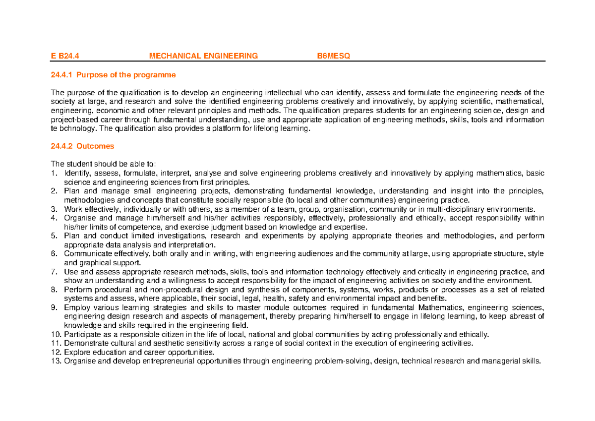 BEng Mechanical Engineering B6MESQ Programme Overview and Outcomes ...