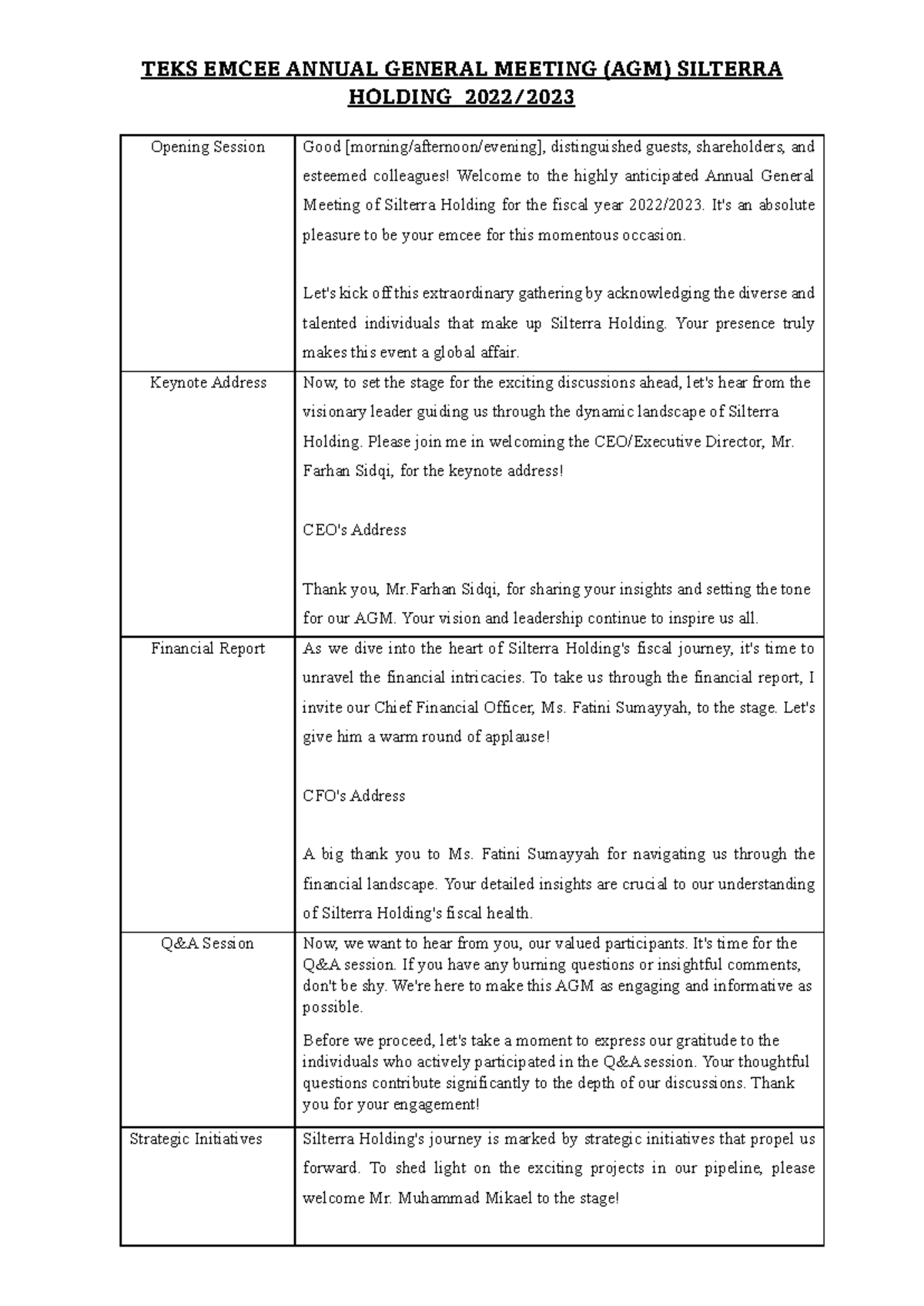 SILTERA AGM Hosting Script for Fiscal Year 2022/2023 - Studocu